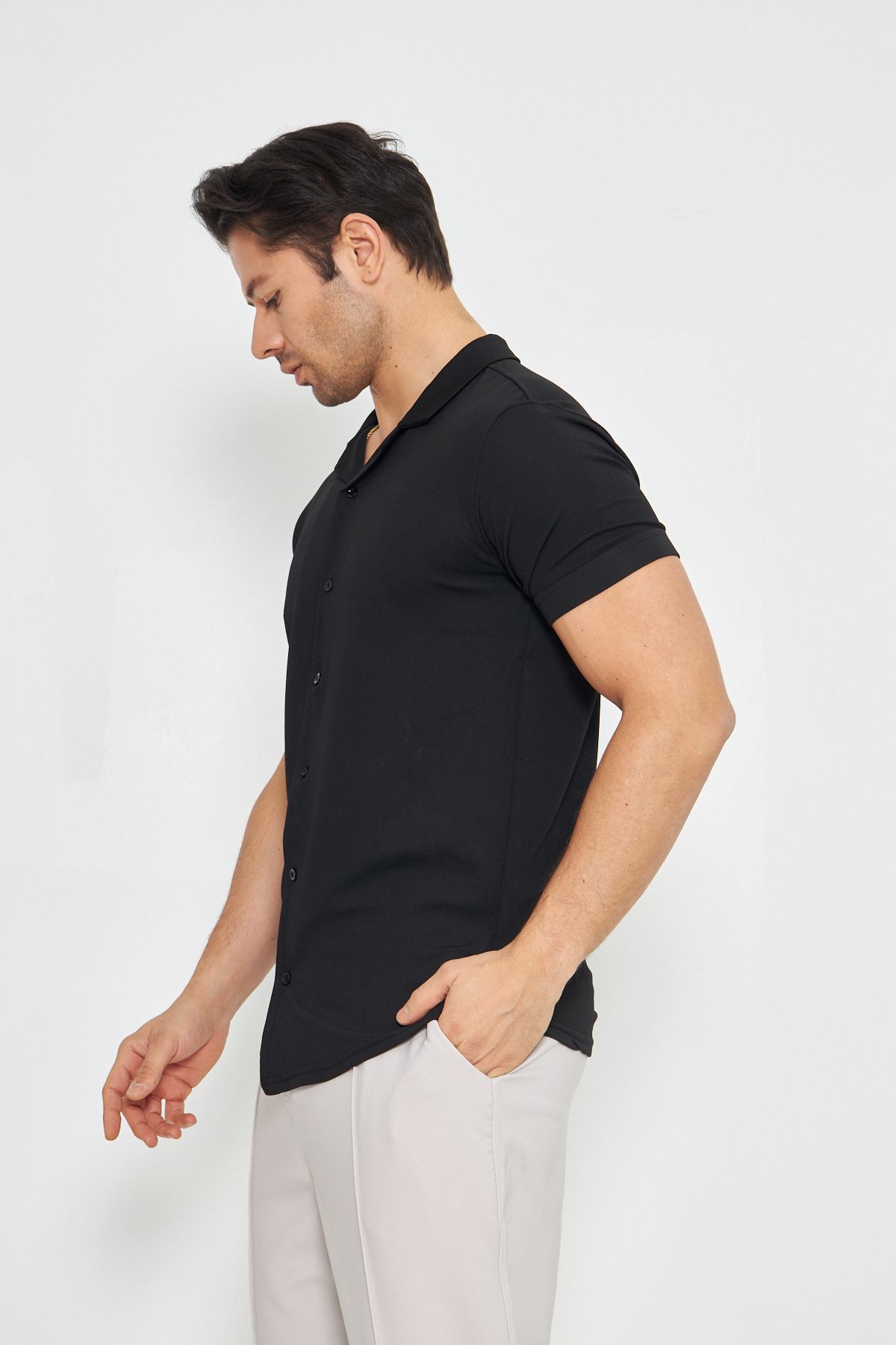 ZİNOX-Men's Knitted Fabric Buttoned Apache Collar Stylish Crepe Pattern Short Sleeve Shirt Suitable for Daily Use 5