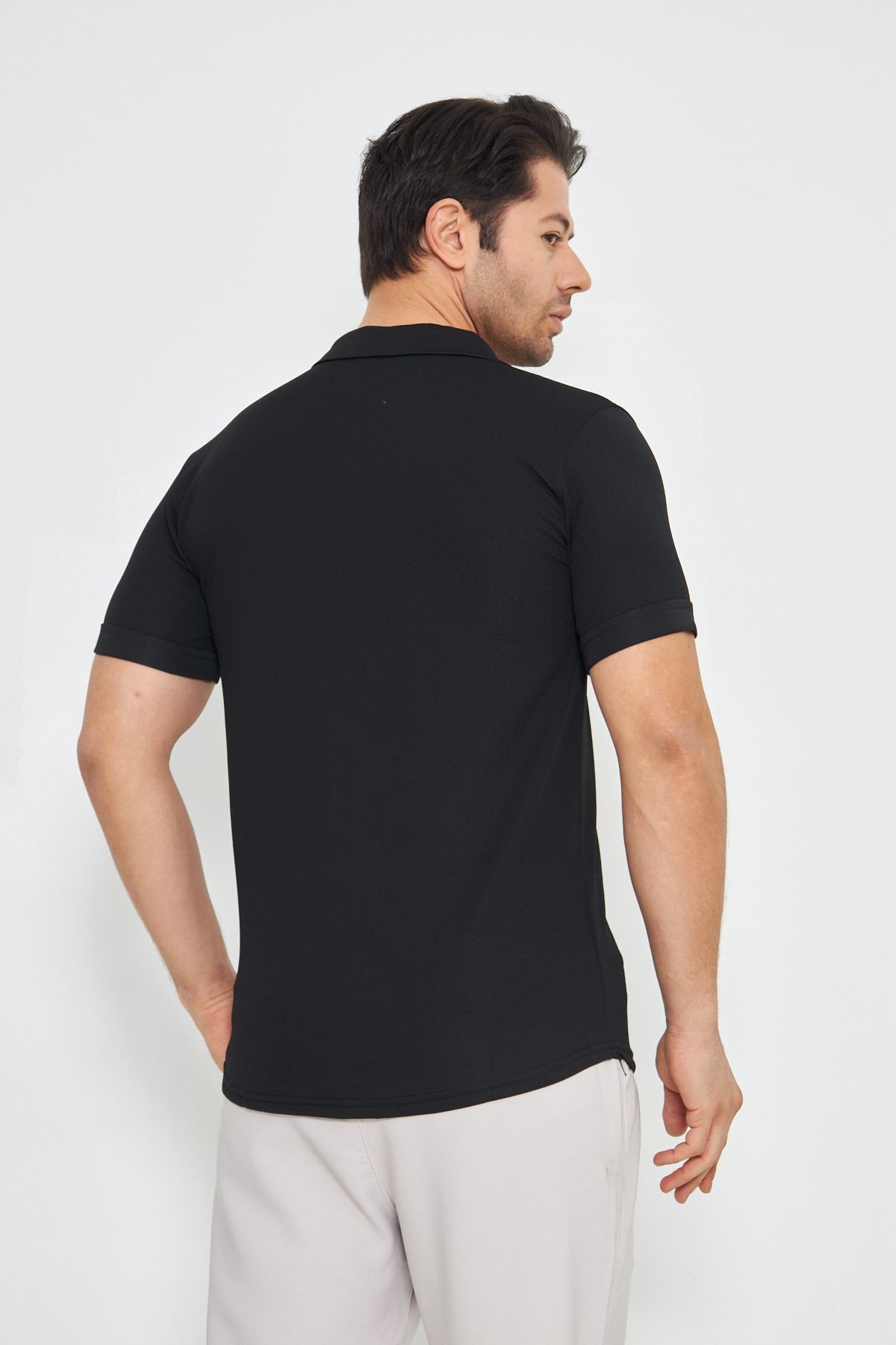 ZİNOX-Men's Knitted Fabric Buttoned Apache Collar Stylish Crepe Pattern Short Sleeve Shirt Suitable for Daily Use 4