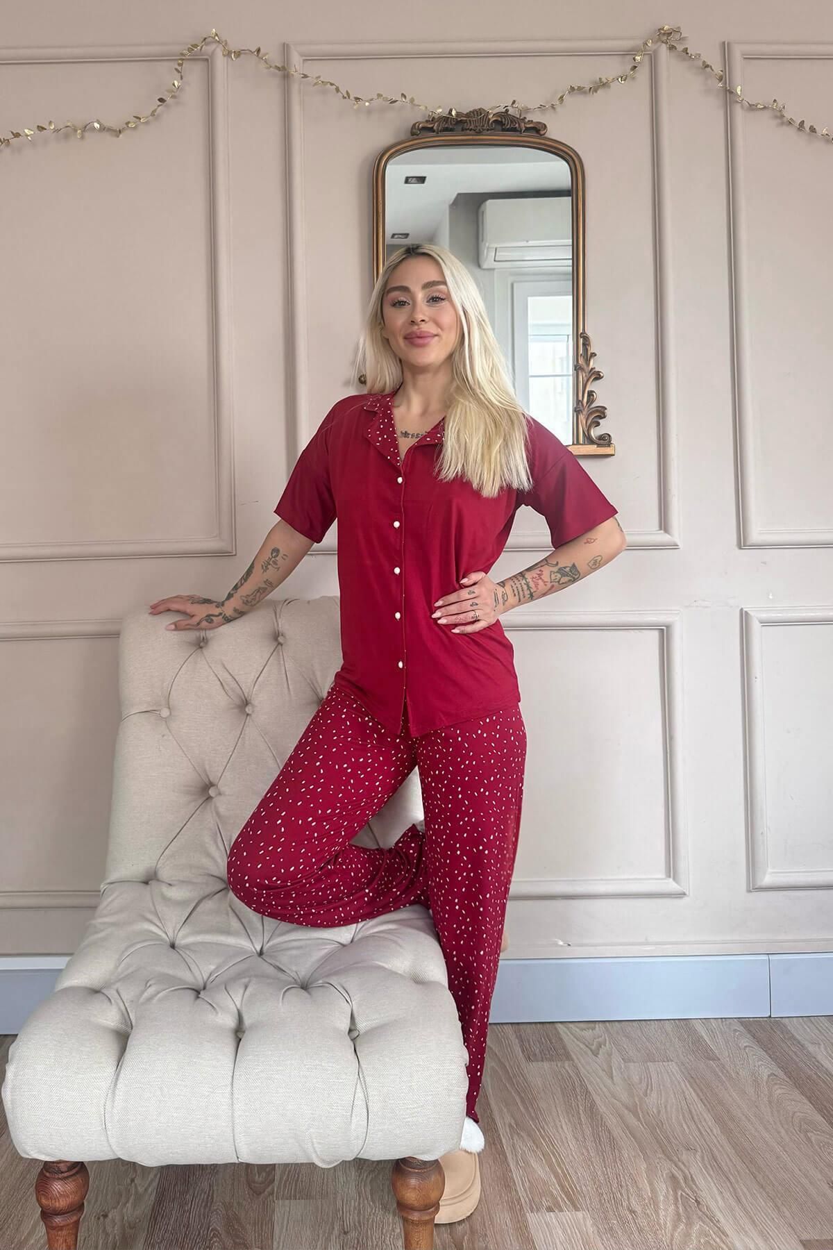 Pijamaevi-Red Blush Dots Patterned Bamboo Front Buttoned Short Sleeve Pajama Set 5
