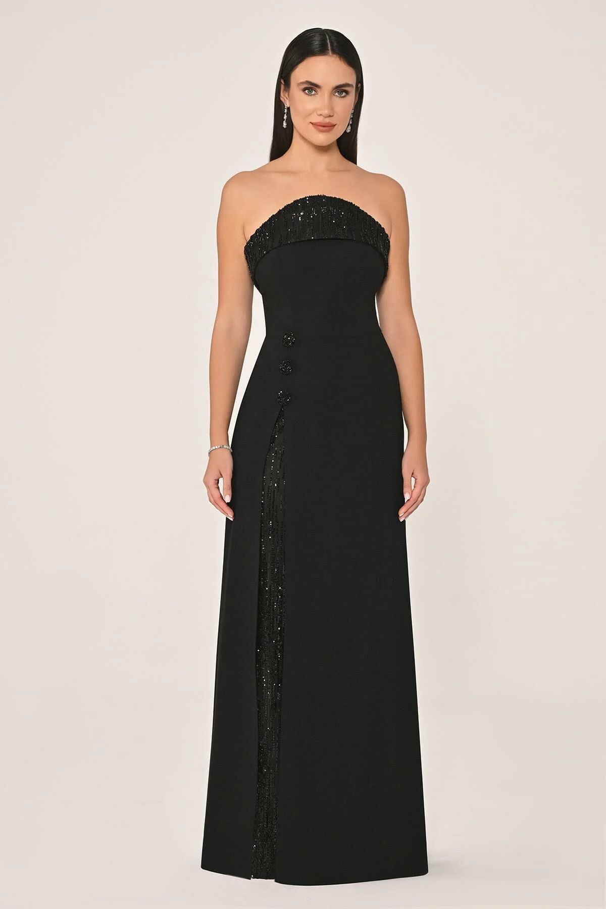 ALFABETA-Women's Black Stylish Evening Dress & Graduation Dress Ab6 - Long Length Deep Slit Bottom and Neckline Part 1