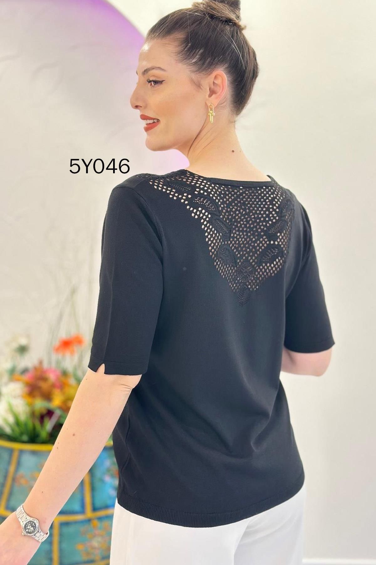 İnce Topuk-V-Neck Openwork Mercerized Knitwear Blouse 5Y046 1