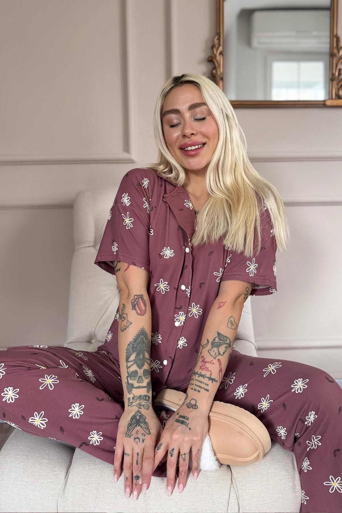 Pijamaevi-Powder Soft Daisy Patterned Bamboo Front Buttoned Short Sleeve Pajama Set 2