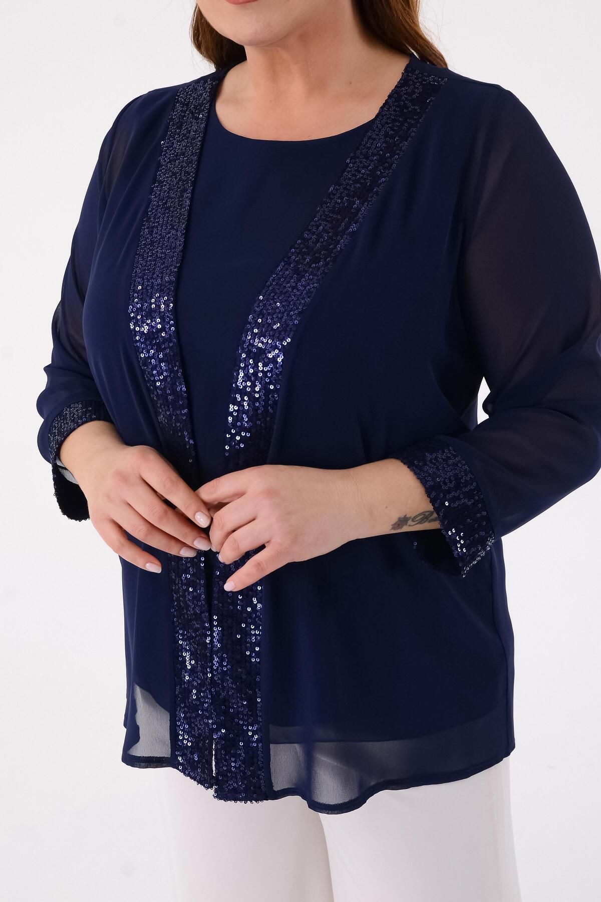 LİLAS XXL-Bluză de rochie de seară din șifon de culoare bleumarin de mărime mare 5