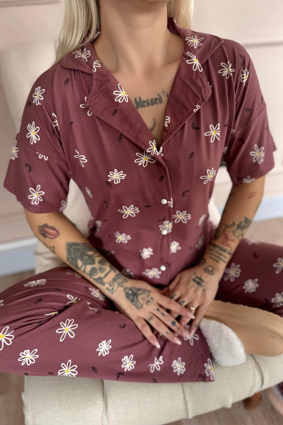 Pijamaevi-Powder Soft Daisy Patterned Bamboo Front Buttoned Short Sleeve Pajama Set 6