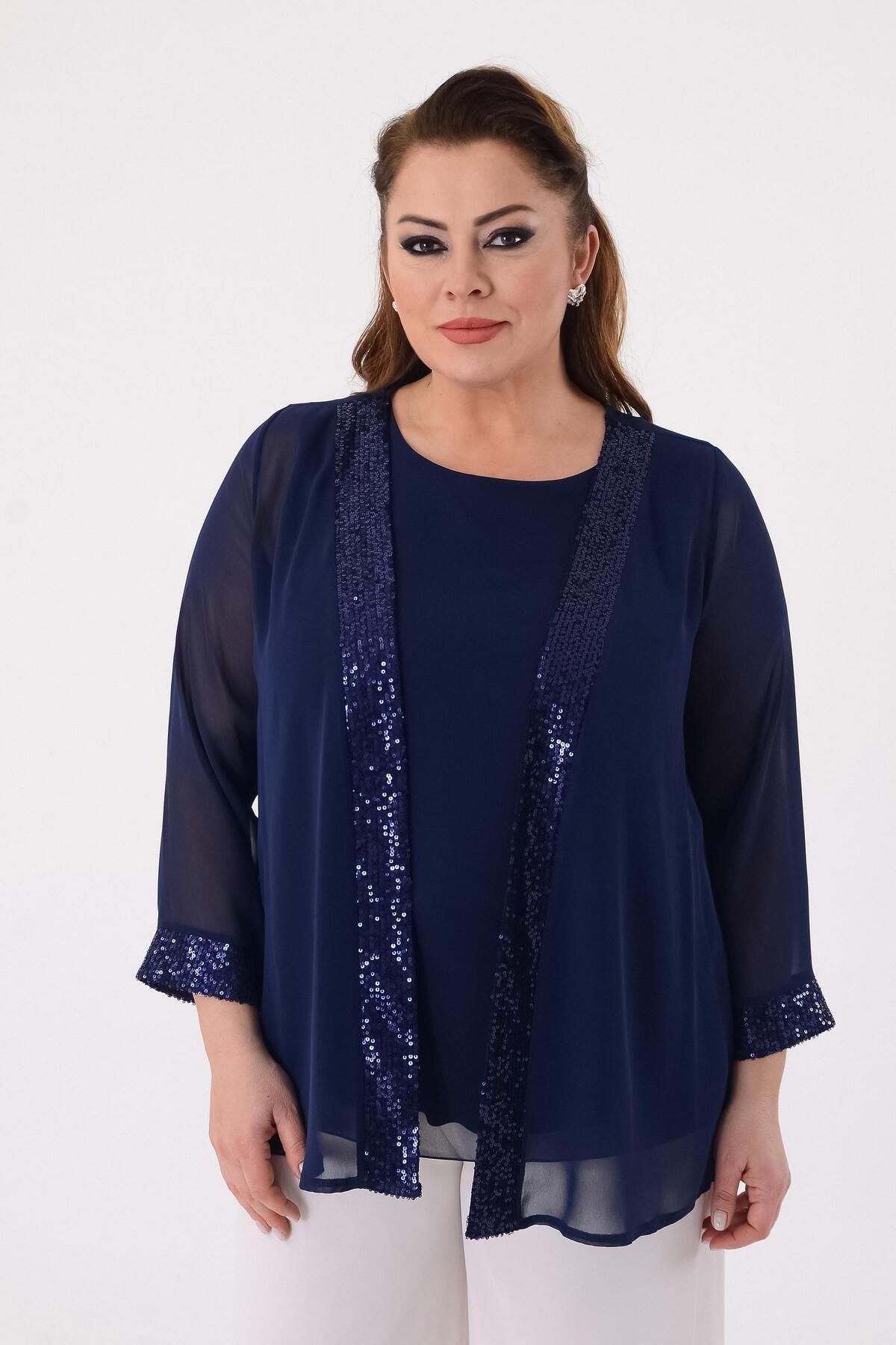 LİLAS XXL-Bluză de rochie de seară din șifon de culoare bleumarin de mărime mare 2