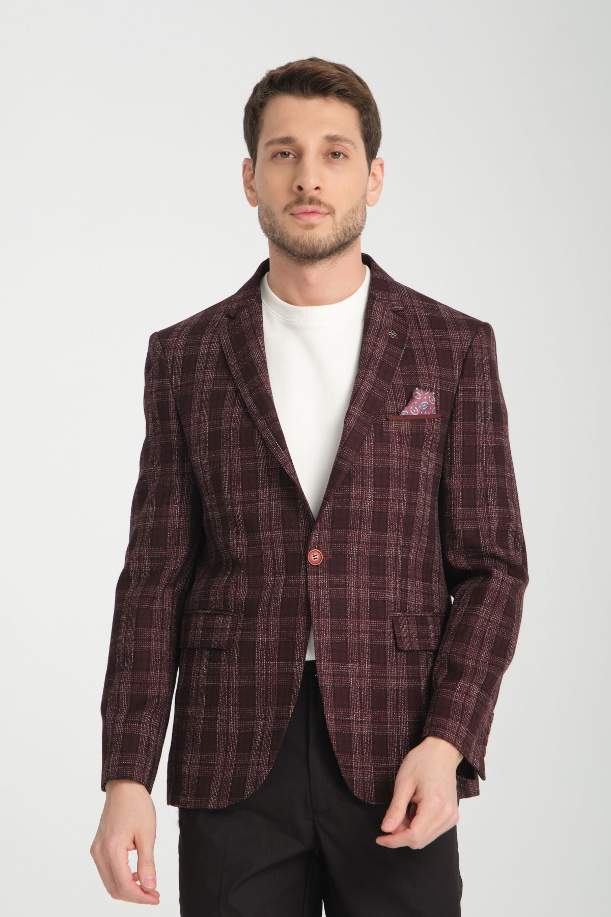 Frappoli-Galileo Men's Burgundy Check Plaid Mono Collar Non-Stretch Fabric Thick Fabric Slim Fit Blazer Jacket 3