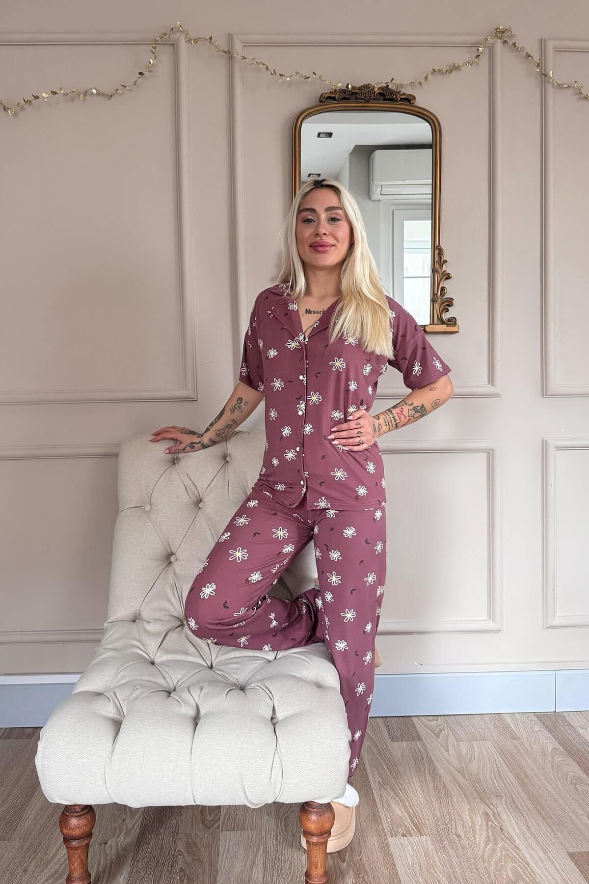 Pijamaevi-Powder Soft Daisy Patterned Bamboo Front Buttoned Short Sleeve Pajama Set 7
