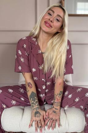 Pijamaevi Pudra Soft Daisy Desenli Bambu Önden Düğmeli Kısa Kol Pijama Takımı