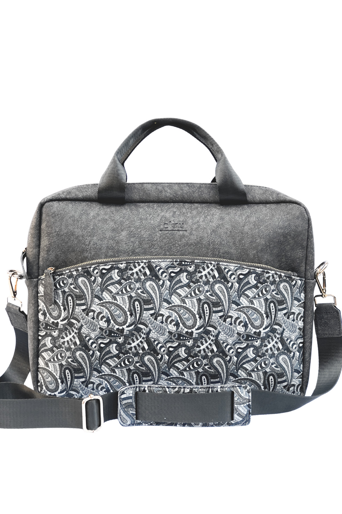 worken 15.6 Inç Omuz Askılı, Fermuar Detaylı, Laptop Çantası Şal Desen Baskılı, Vegan Deri Gri