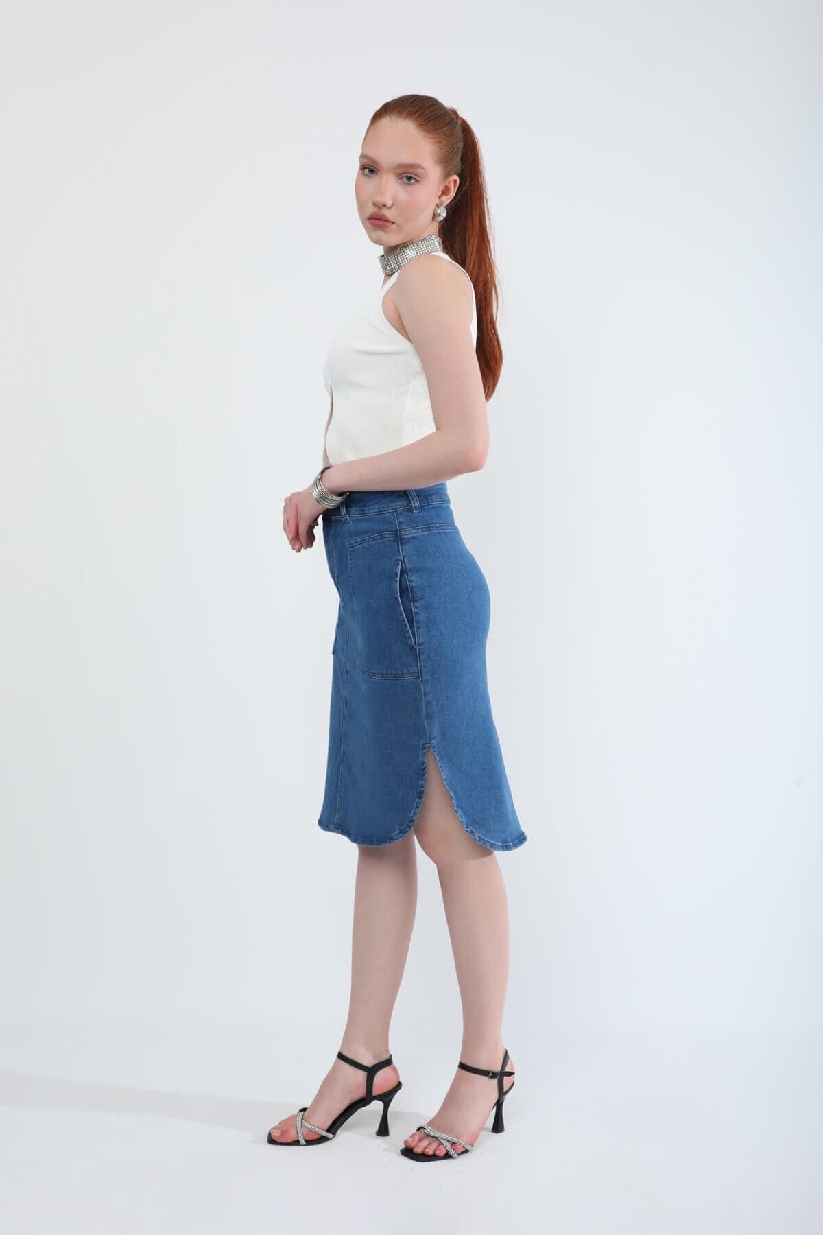 Bluewhite-Midi Length Lycra Blue Jean Skirt with Slit Detail 3