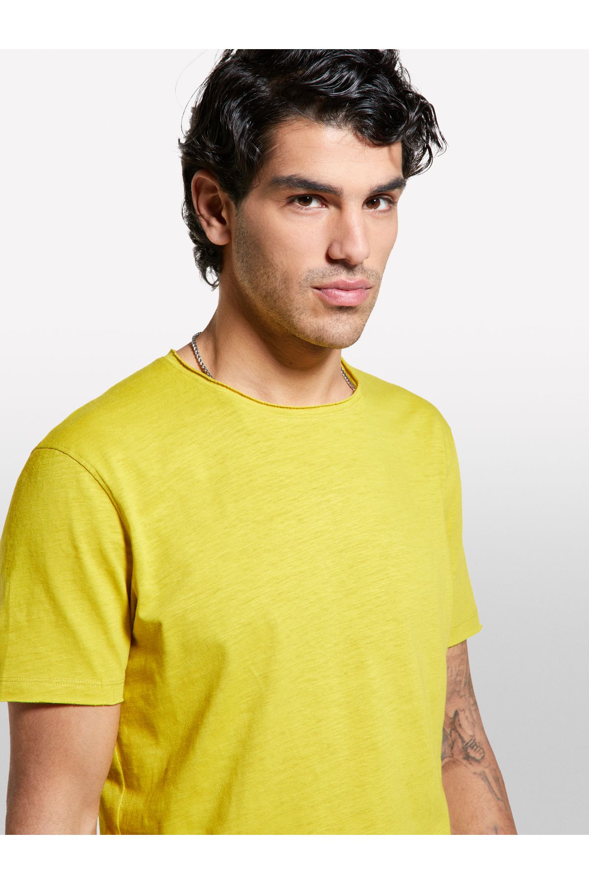 Sisley-Men's Mustard Yellow 100% Cotton Crew Neck Slim Fit Slub T-Shirt 6