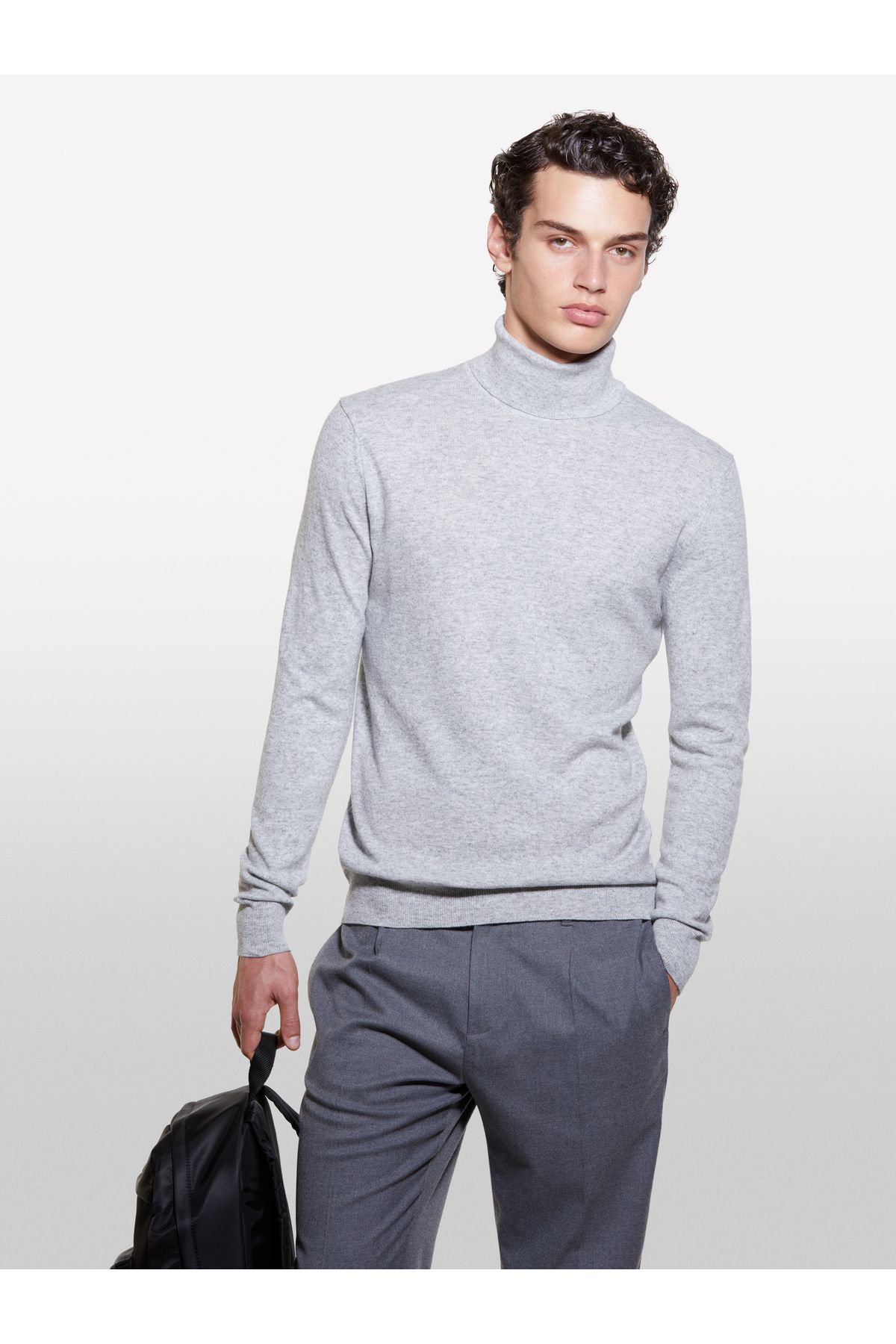 Sisley-Men's Gray Melange Cashmere Blended Stand Collar Sweater 5