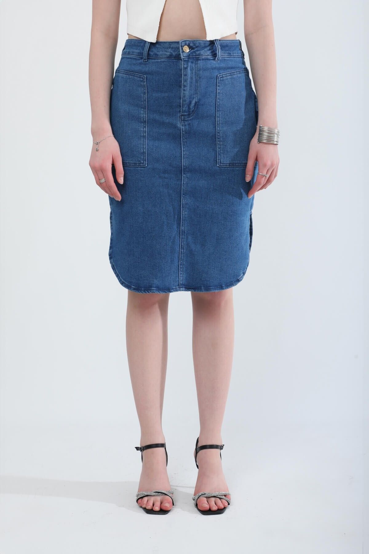 Bluewhite-Midi Length Lycra Blue Jean Skirt with Slit Detail 1