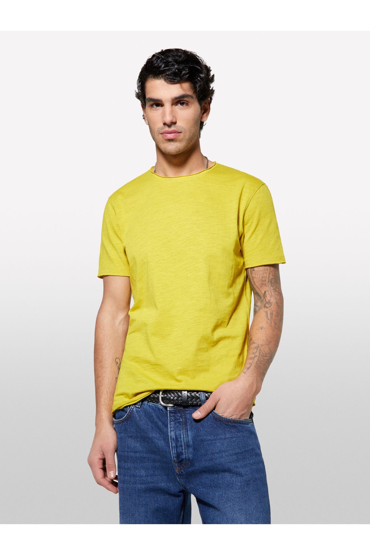 Sisley-Men's Mustard Yellow 100% Cotton Crew Neck Slim Fit Slub T-Shirt 5