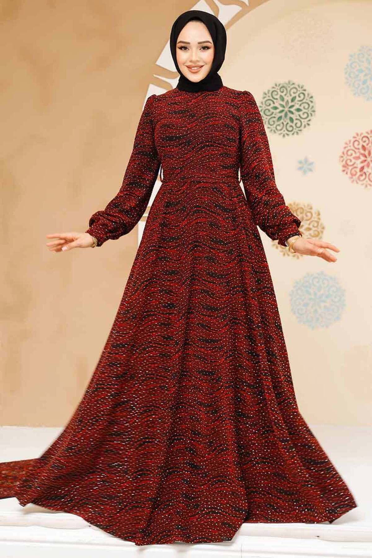 Neva Style-Stone Beaded Embroidered Burgundy Hijab Dress 23882Br 2