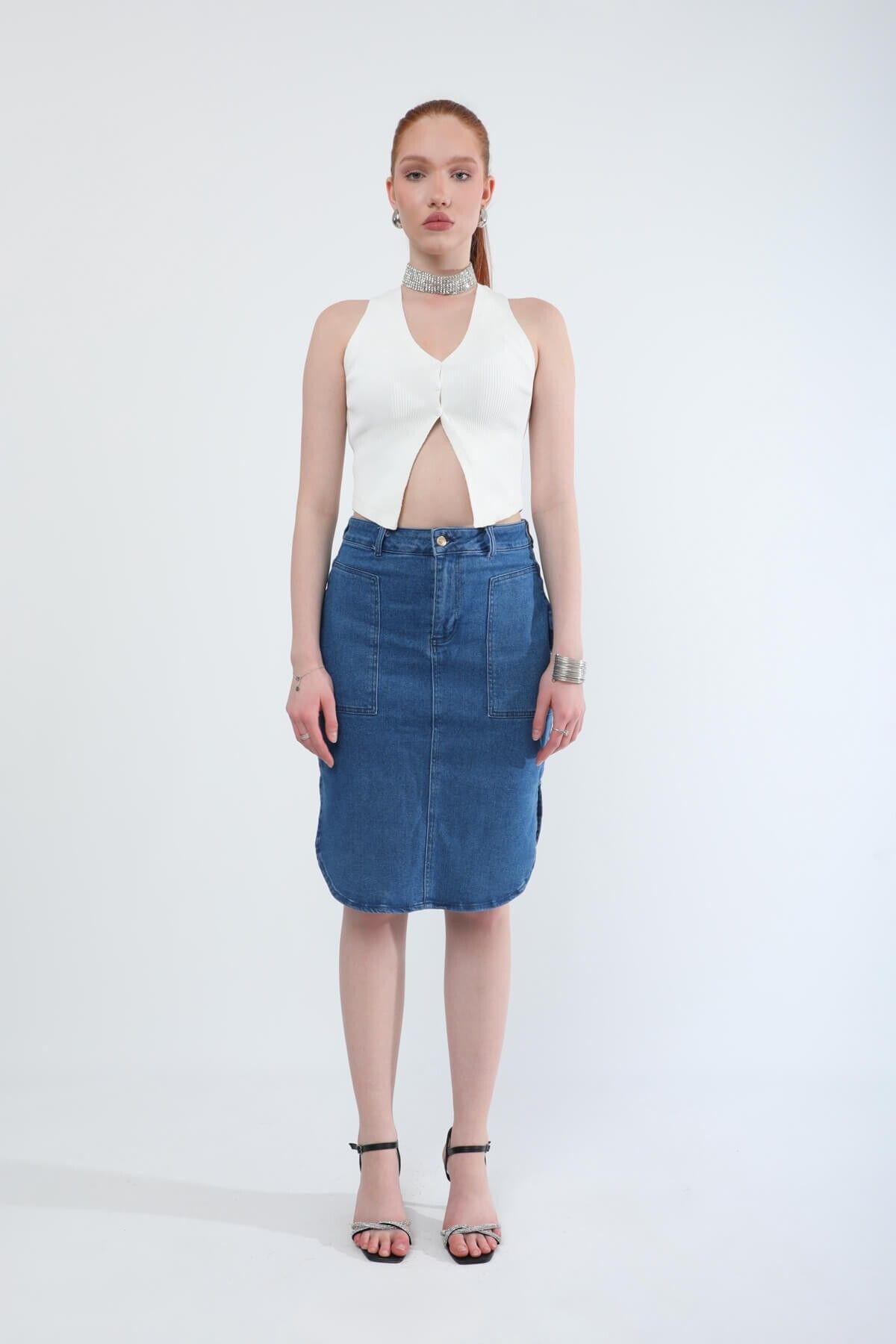 Bluewhite-Midi Length Lycra Blue Jean Skirt with Slit Detail 5