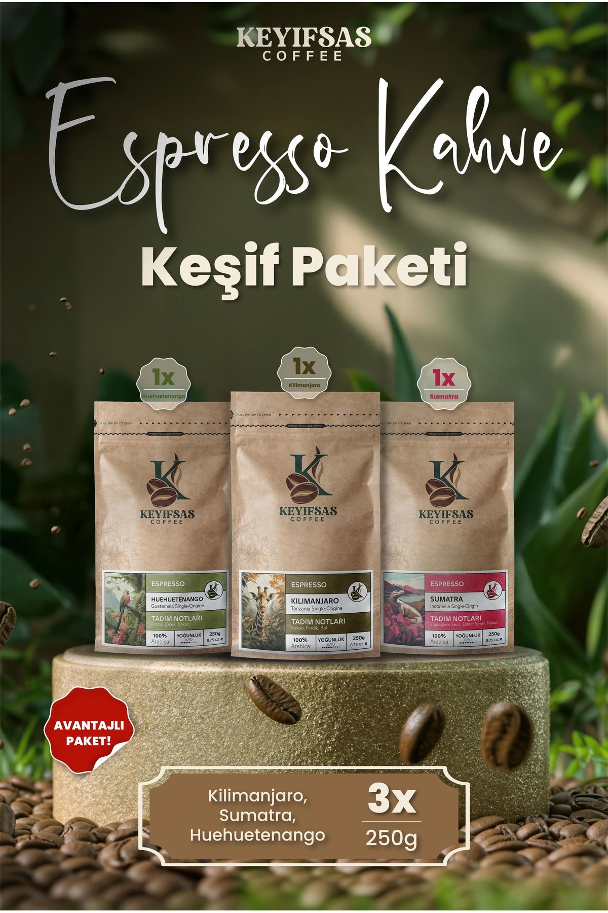 Keyifsas Coffee Tanışma Paketi Sumatra, Huehuetenango, Kilimanjaro 3x250 Gr