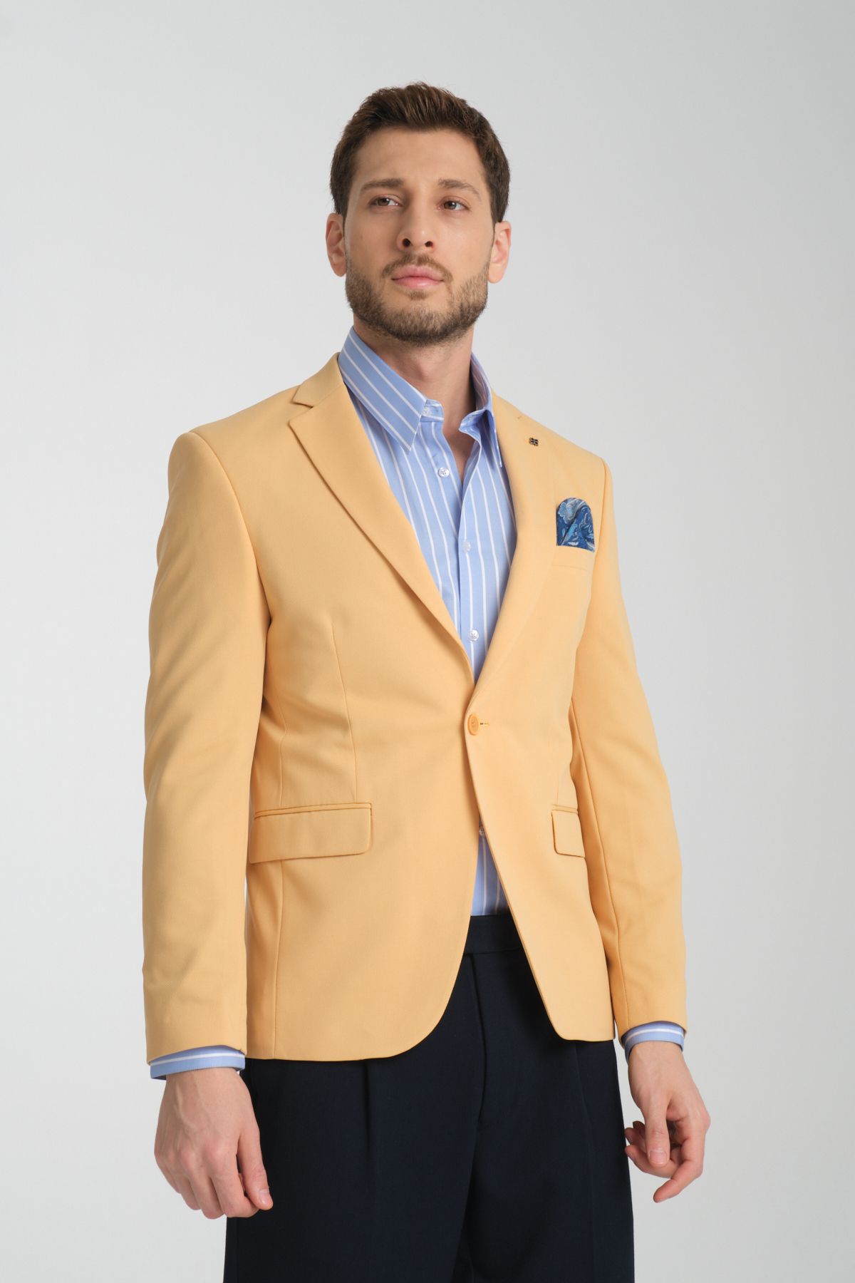 Frappoli-Baselnaa Men's Yellow Oversize Large Size Slim Fit Lined Buttoned Basic Blazer Jacket 5