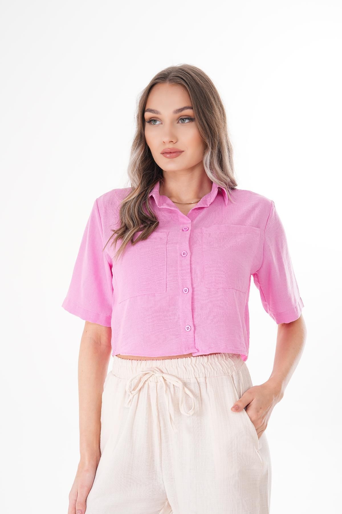 ŞİMAL-Women's Double Pocket Oversie Short Linen Shirt 250135   - 3