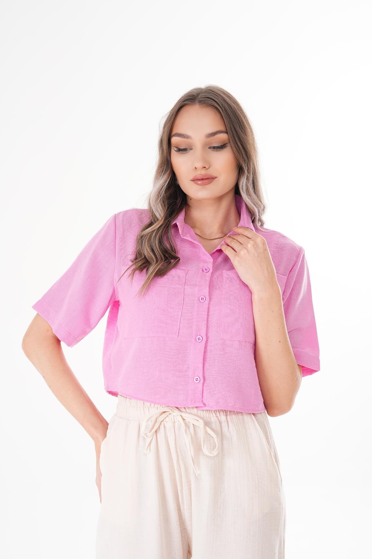 ŞİMAL-Women's Double Pocket Oversie Short Linen Shirt 250135   - 1