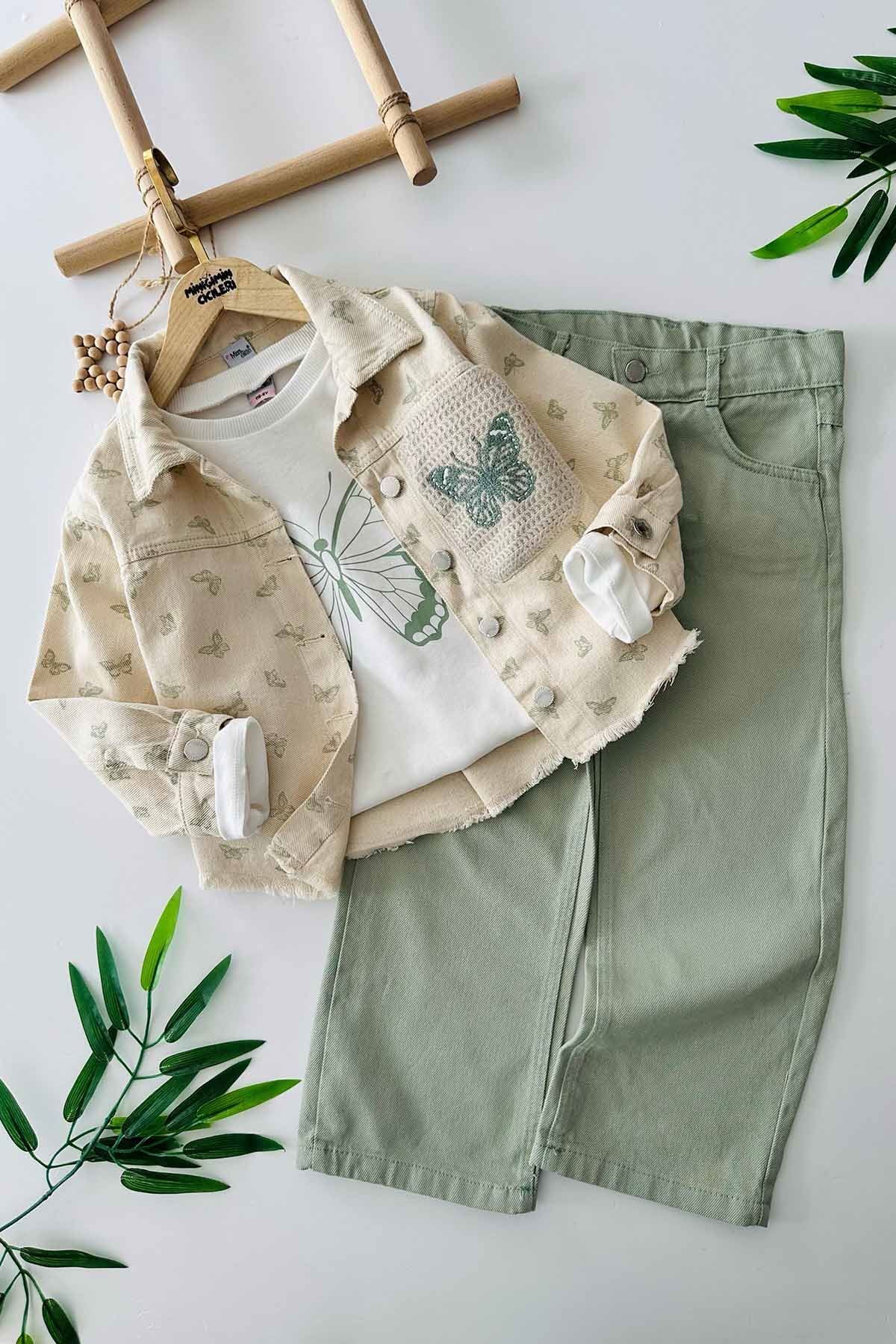 Minigimin Cicileri-My Little One's Cicileri Butterfly Knitted Pocket Detailed Girl's Cotton Linen 3-Piece Set - Green 1