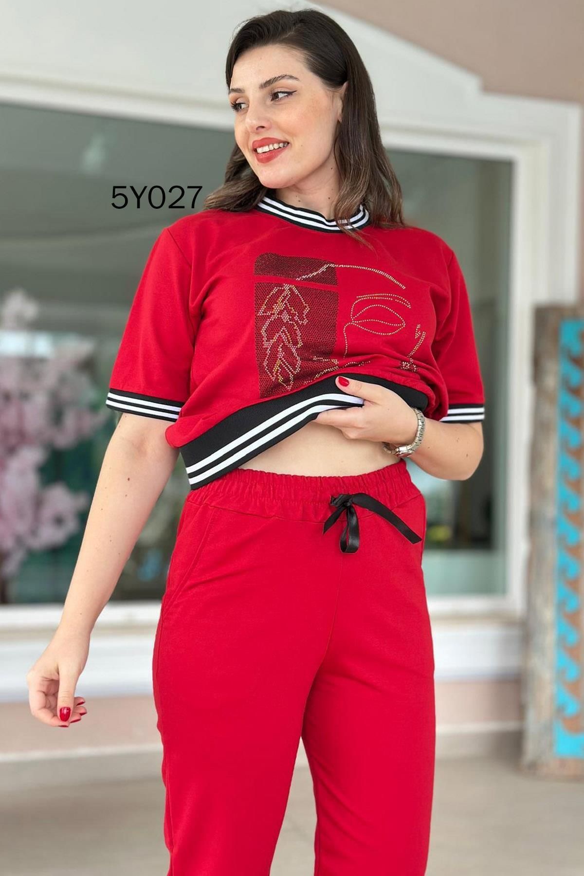 İnce Topuk-Face Stone Printed Striped Tracksuit Set 5Y027 5
