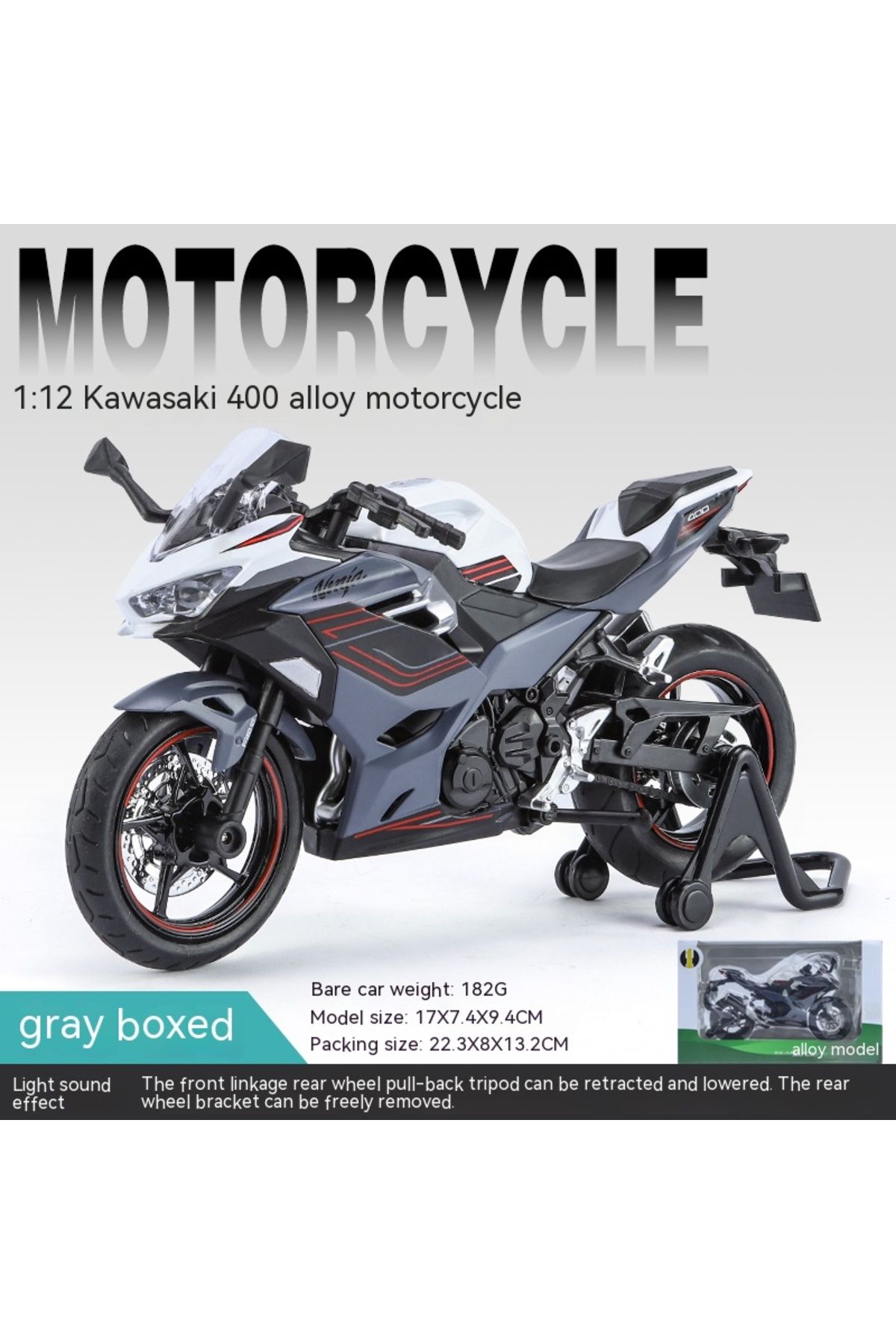 Choice-gray with box 1:12 Kawasaki Motorcycle Die-cast Model - Sound & Light Effects - Authentic Details - 1