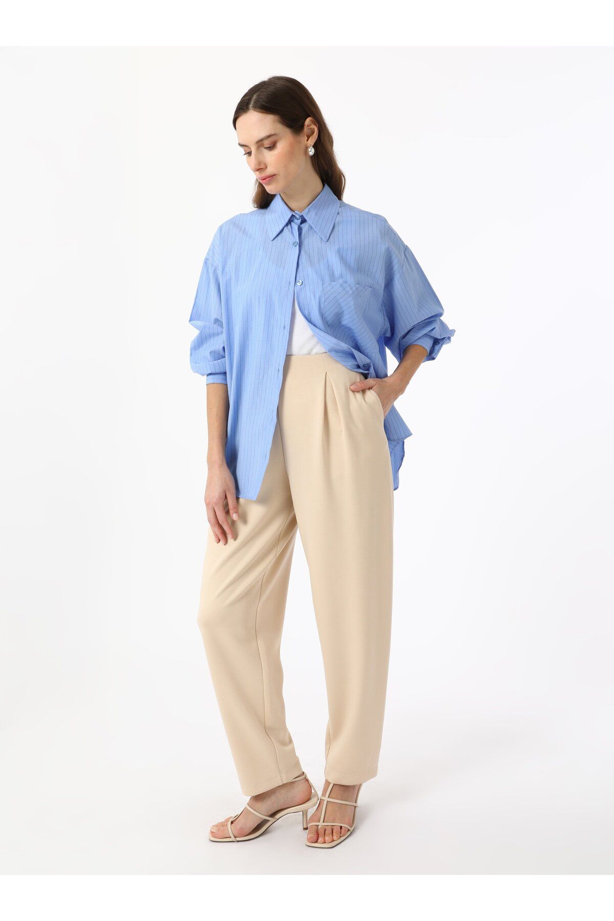 Refka-Soft Textured High Waist Trousers with Pleat Detail on the Front - Stone Color - 2