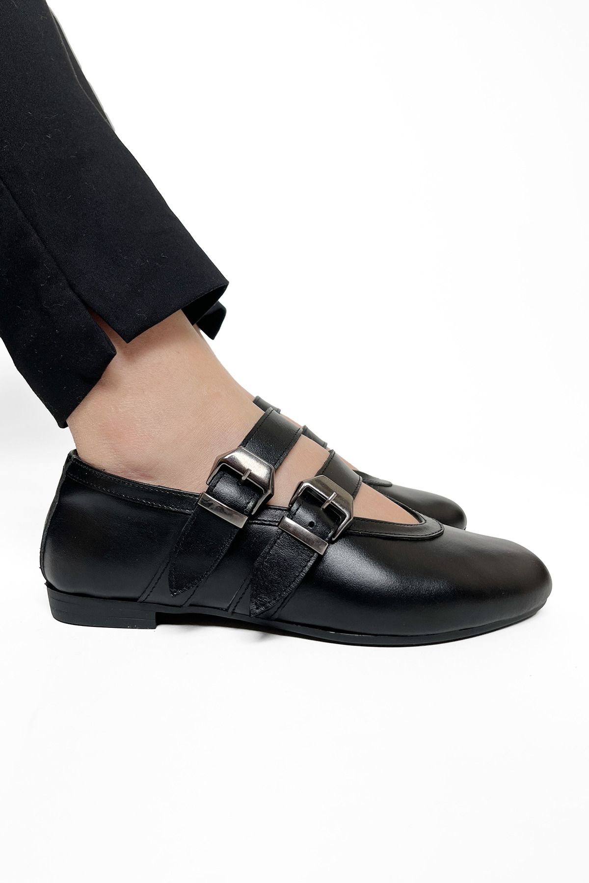 RABU-Black Women's Genuine Leather Double Buckle Round Toe Mary Jane Casual Daily Ballerinas 1