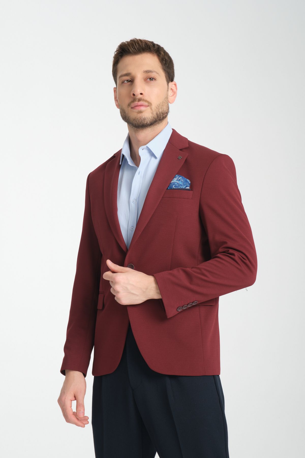 Frappoli-Baselnaa Men's Dark Burgundy Oversize Large Size Slim Fit Lined Buttoned Basic Blazer Jacket 4