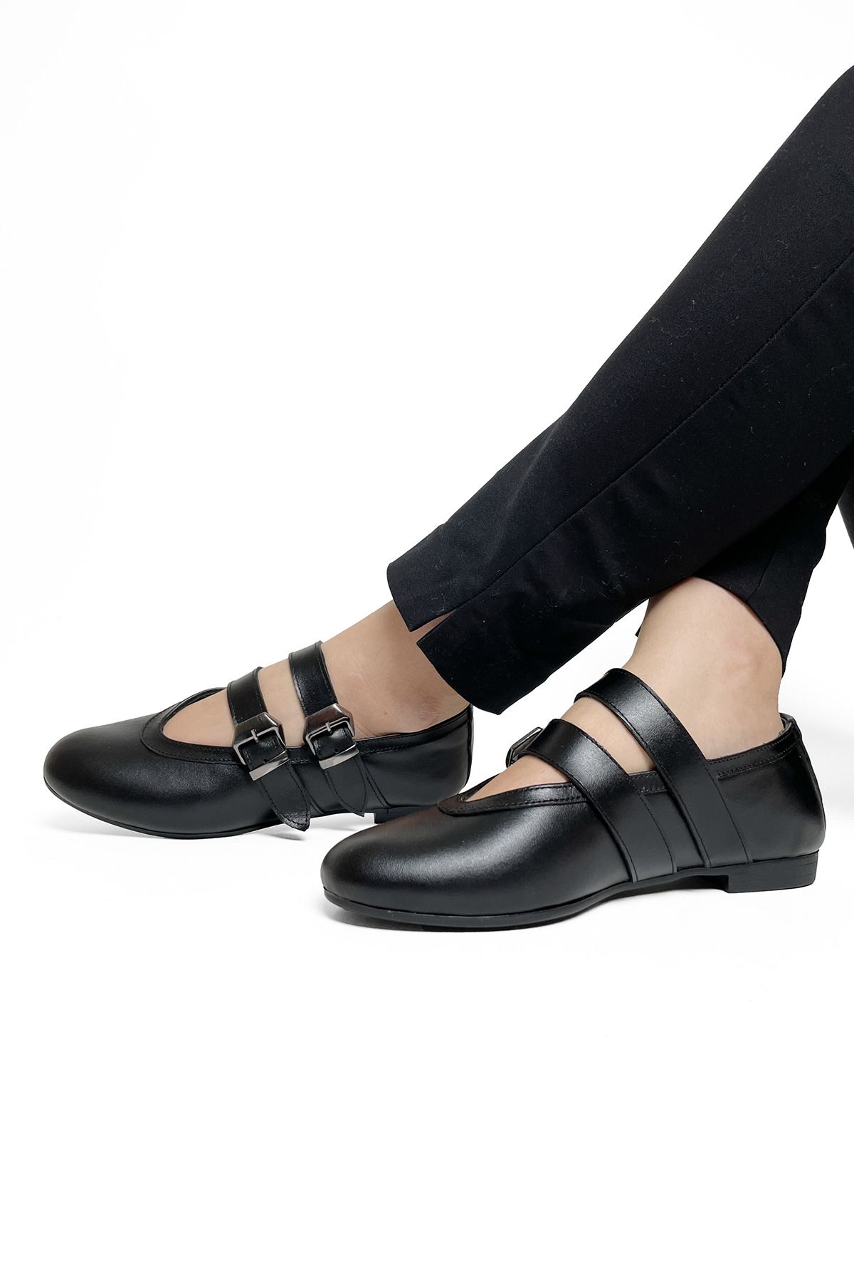 RABU-Black Women's Genuine Leather Double Buckle Round Toe Mary Jane Casual Daily Ballerinas 2