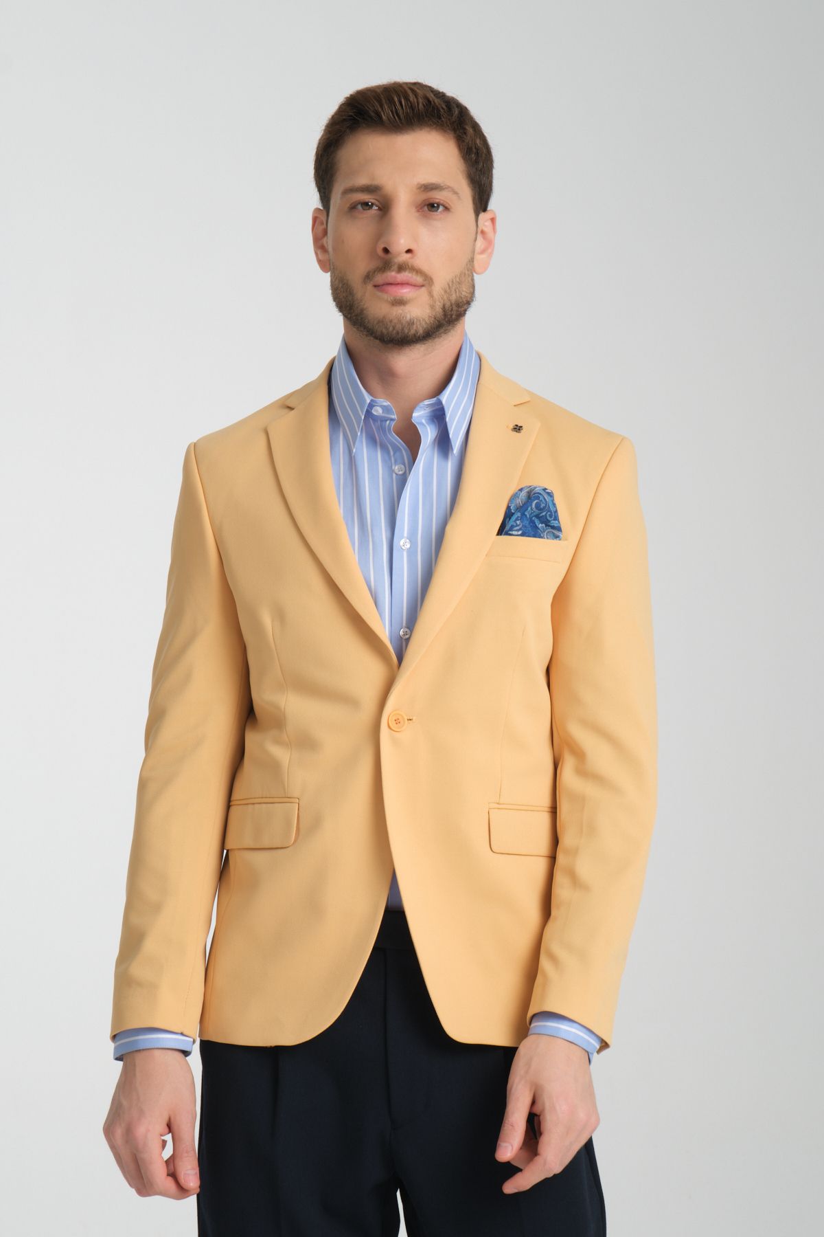 Frappoli-Baselnaa Men's Yellow Oversize Large Size Slim Fit Lined Buttoned Basic Blazer Jacket 1