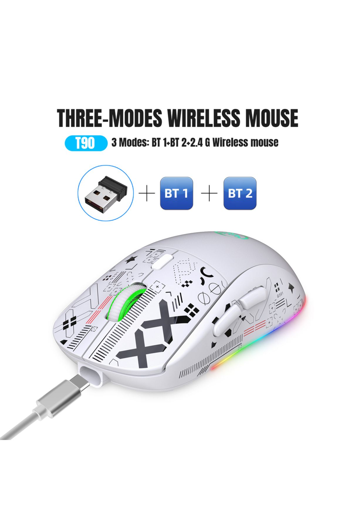 Choice-WHITE 3 Modes Bluetooth Gaming Mouse Rechargeable 2.4G USB Wireless RGB Backlight Mouse for iPad Tab 1