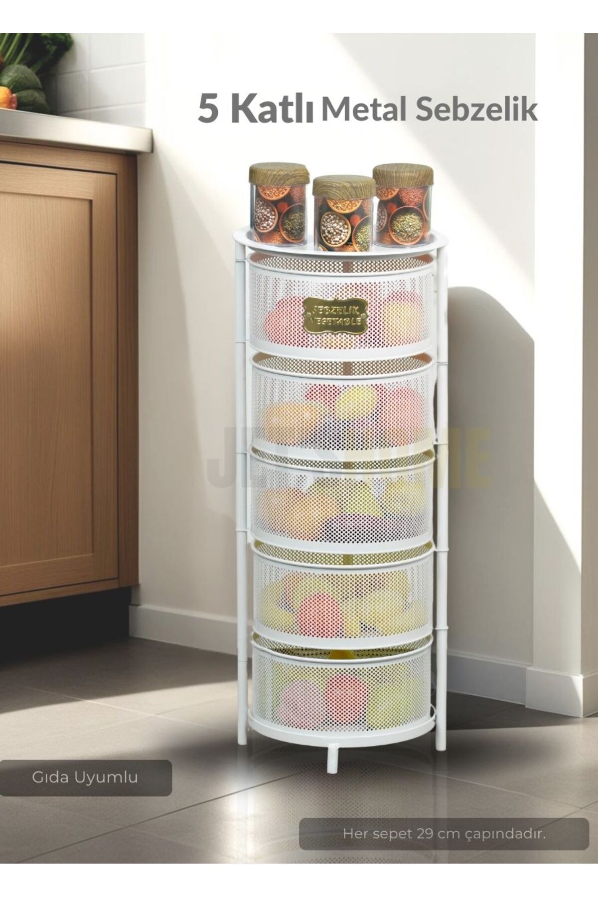 Jet's Home 5 Katlı Sebzelik Açılır Metal Patates Soğan Sepeti Paslanmaz Meyvelik Organizer Sepet Beyaz