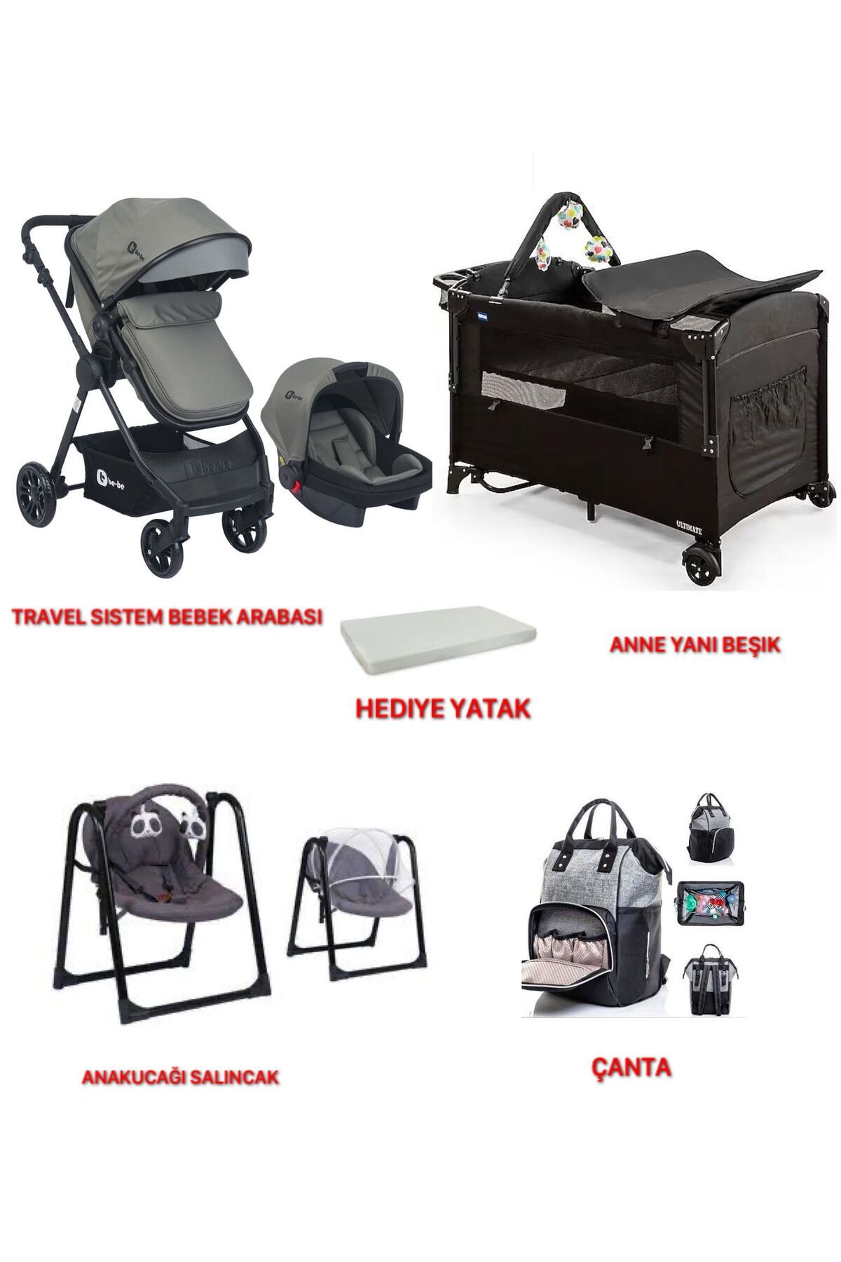 almirakids 6 Parça Bebek Çeyiz Seti Travel Sistem Bebek Arabası Puset Anne Yanı Beşik Oyun Parkı Salıncak Yatak