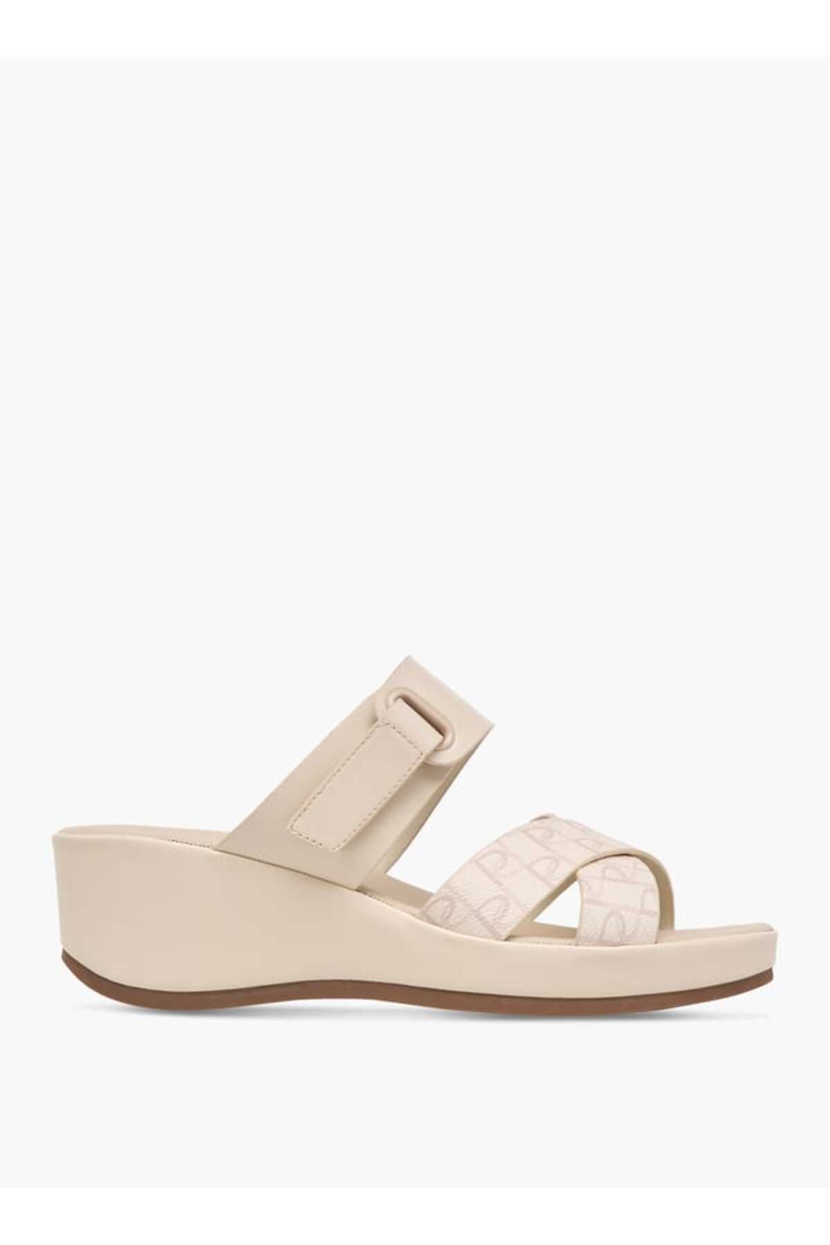 Paprika-Paprika Monogram Print Slip-On Cross-Strap Sandals with Wedge Heel 3