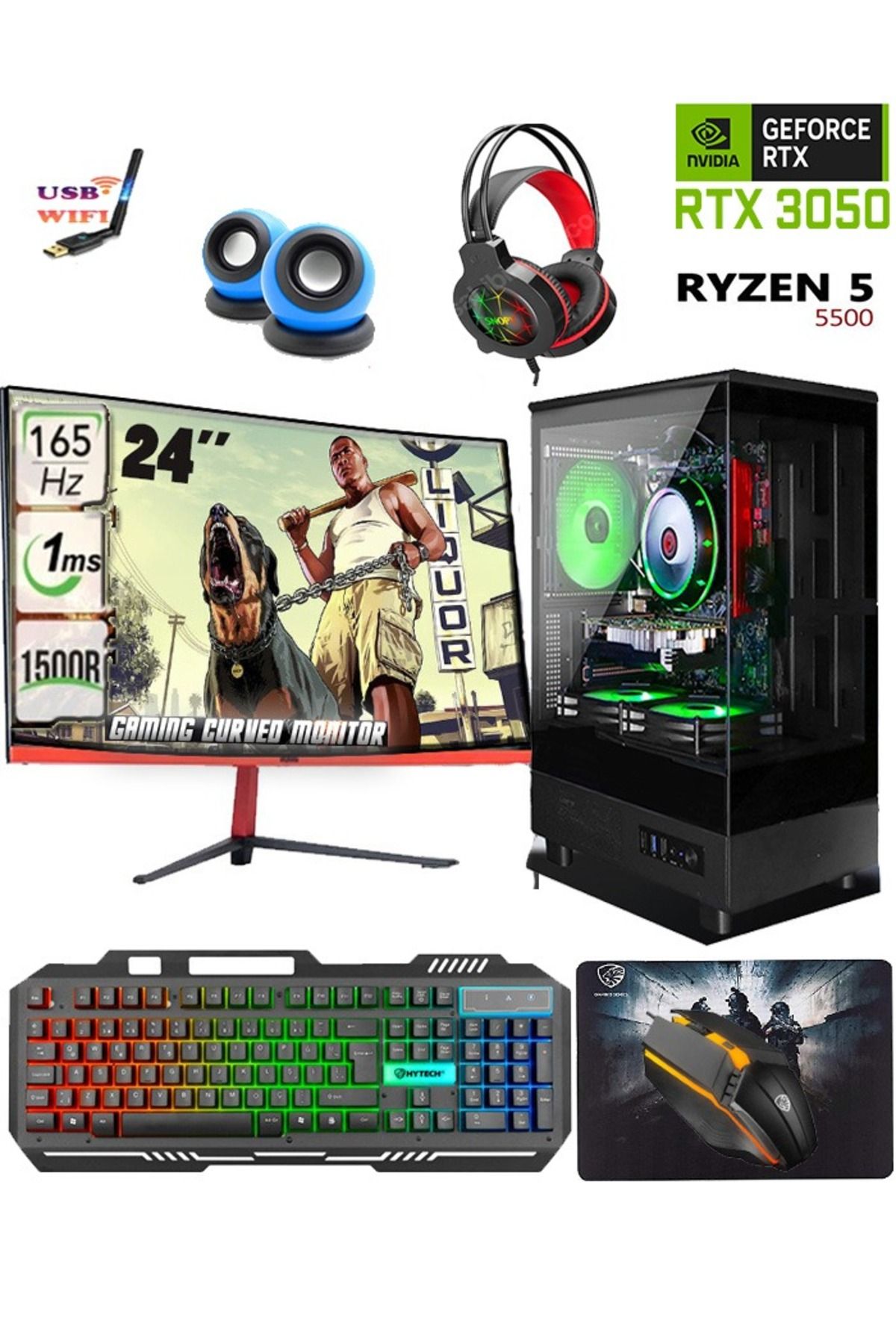 TEKNOCİTY Ryzen 5 5500 32GB Ram 512GB M2 SSD RTX3050 Gddr6 23.6'' 165HZ RGB Curved Oyuncu Masaüstü Bilgisayar