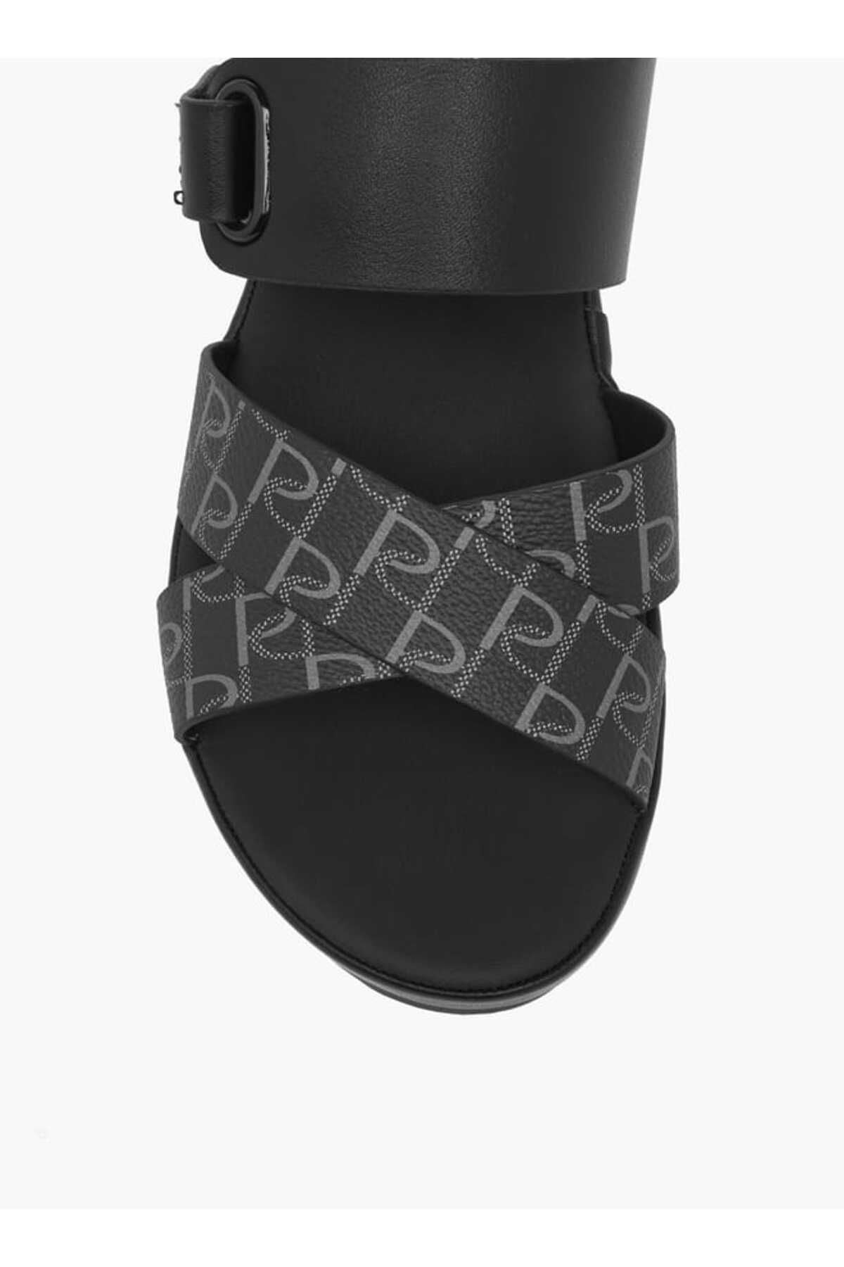 Paprika-Monogram Print Slip-On Cross-Strap Sandals with Wedge Heel 4