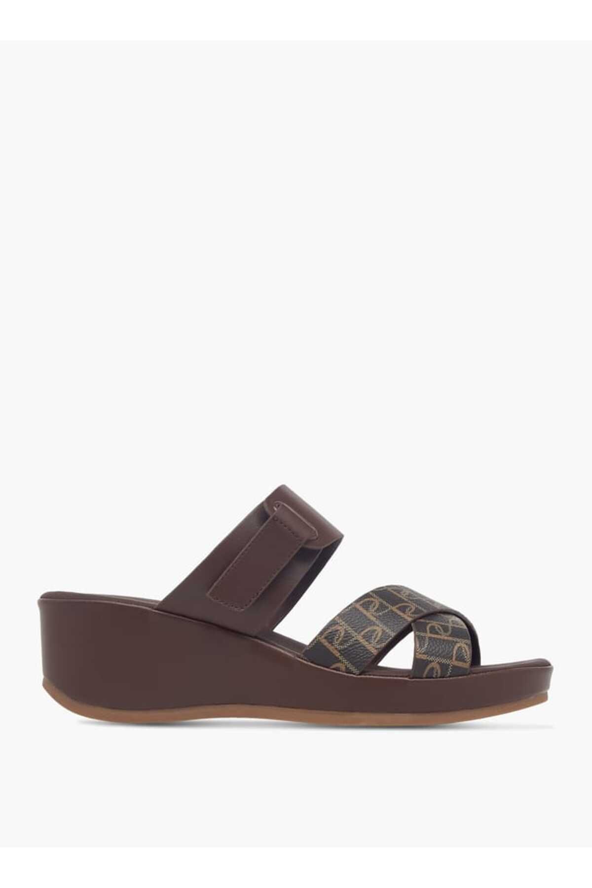 Paprika-Monogram Print Slip-On Cross-Strap Sandals with Wedge Heel 3