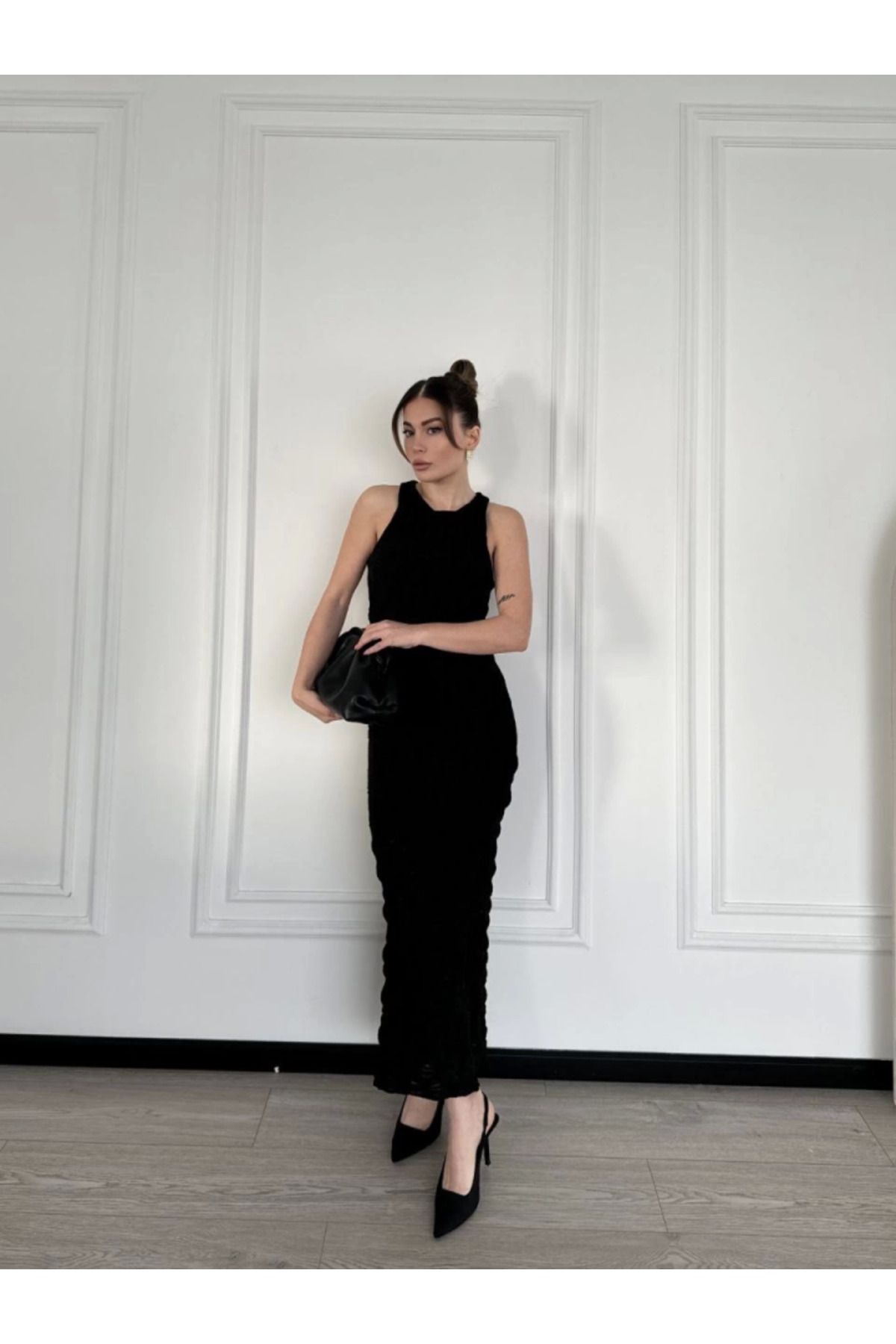 velmorafashion Kolsuz Uzun Elbise - Siyah