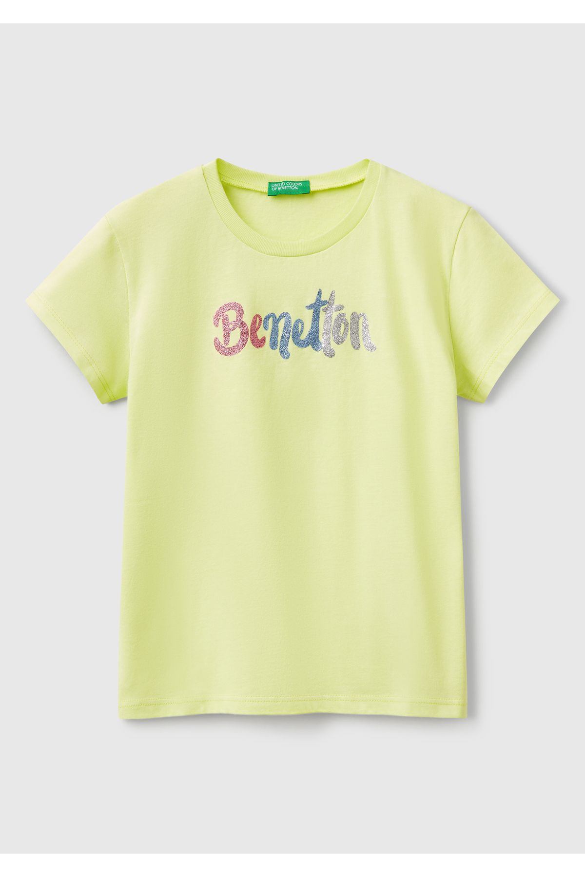 United Colors of Benetton-Girl's Yellow Glitter Logo Printed T-Shirt 1