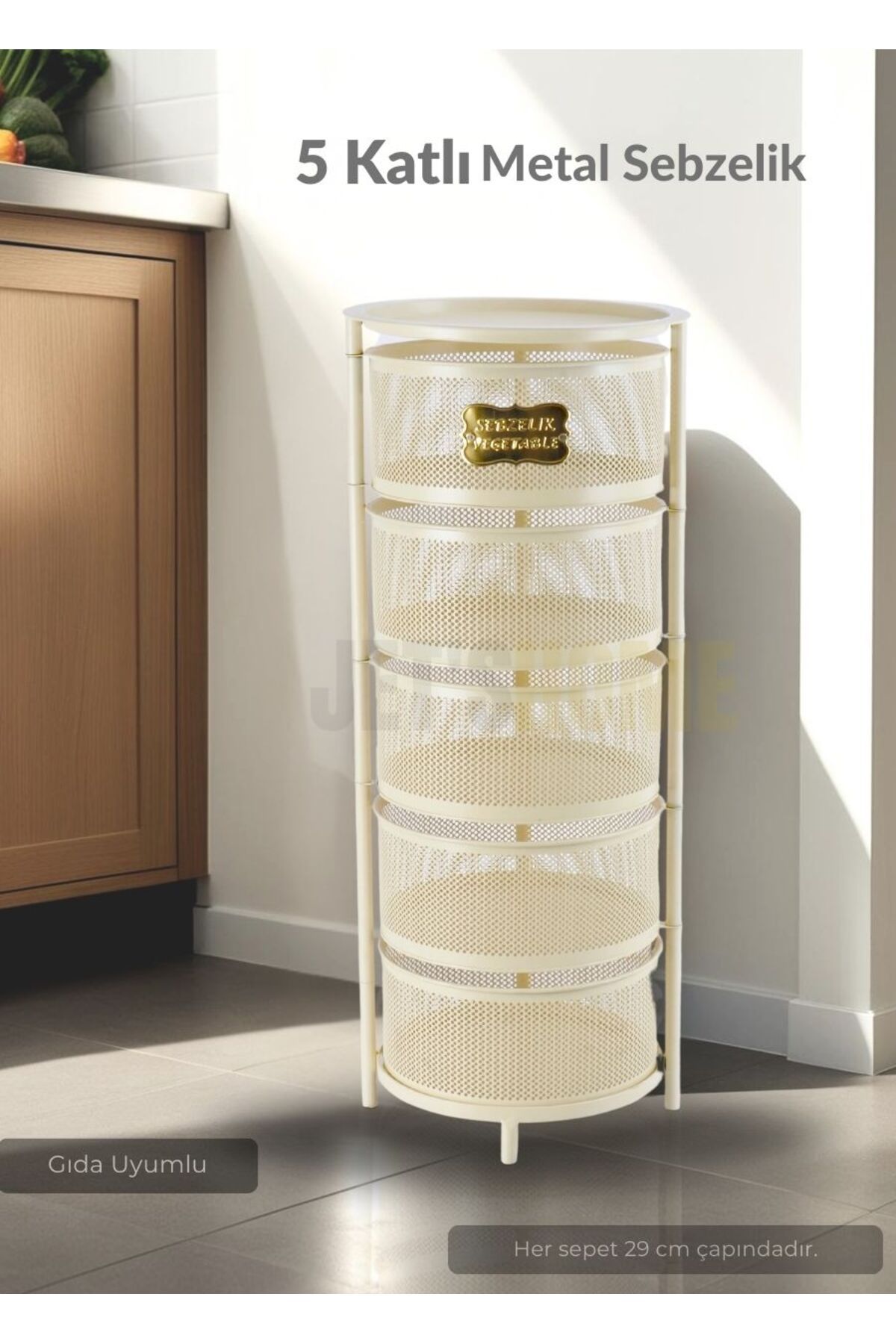 Jet's Home 5 Katlı Sebzelik Açılır Metal Patates Soğan Sepeti Paslanmaz Meyvelik Organizer Sepet Krem