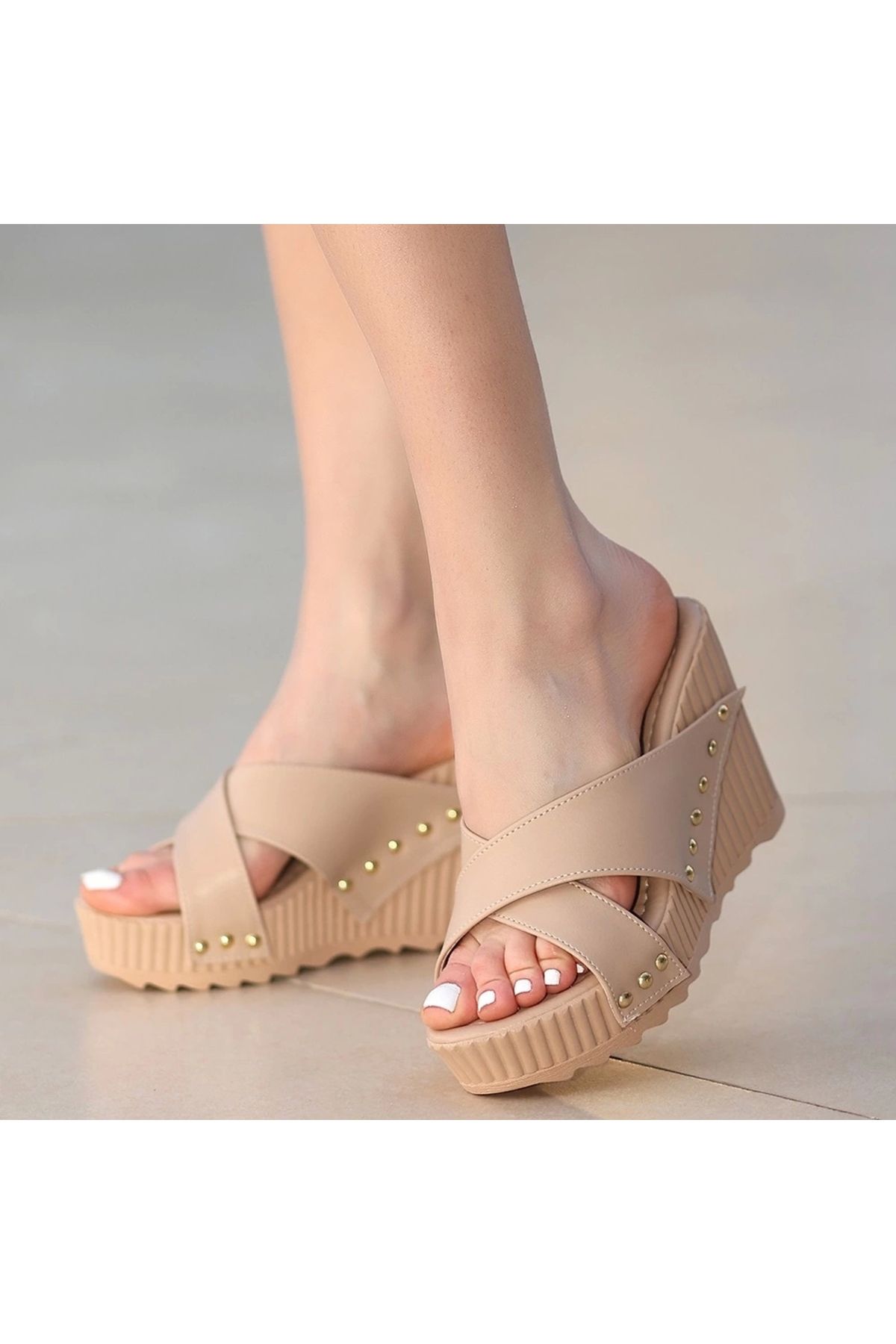 Erbilden-Aless Nude Color Wedge Heeled Slippers 4