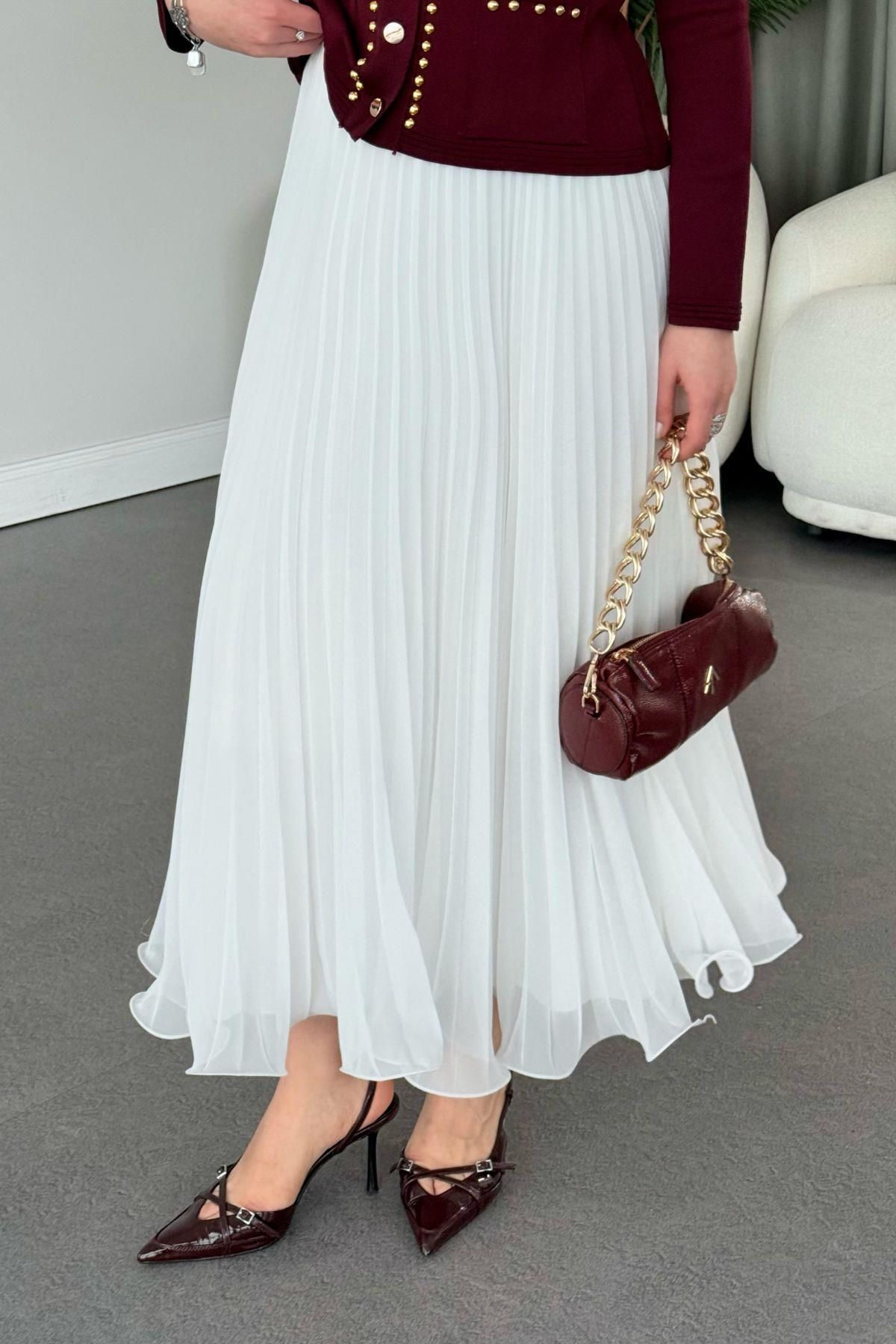 HAZA MODA-White Pleated Chiffon Skirt 1