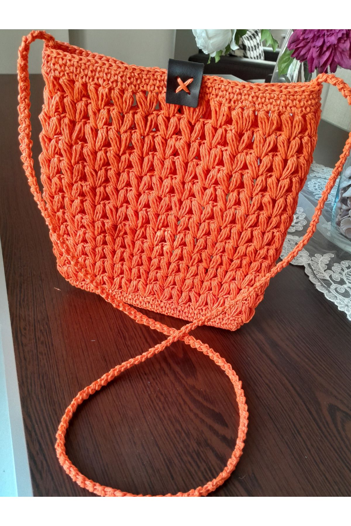 H R STORE-Orange Paper Rope Straw Strap Knitted Shoulder Bag 3