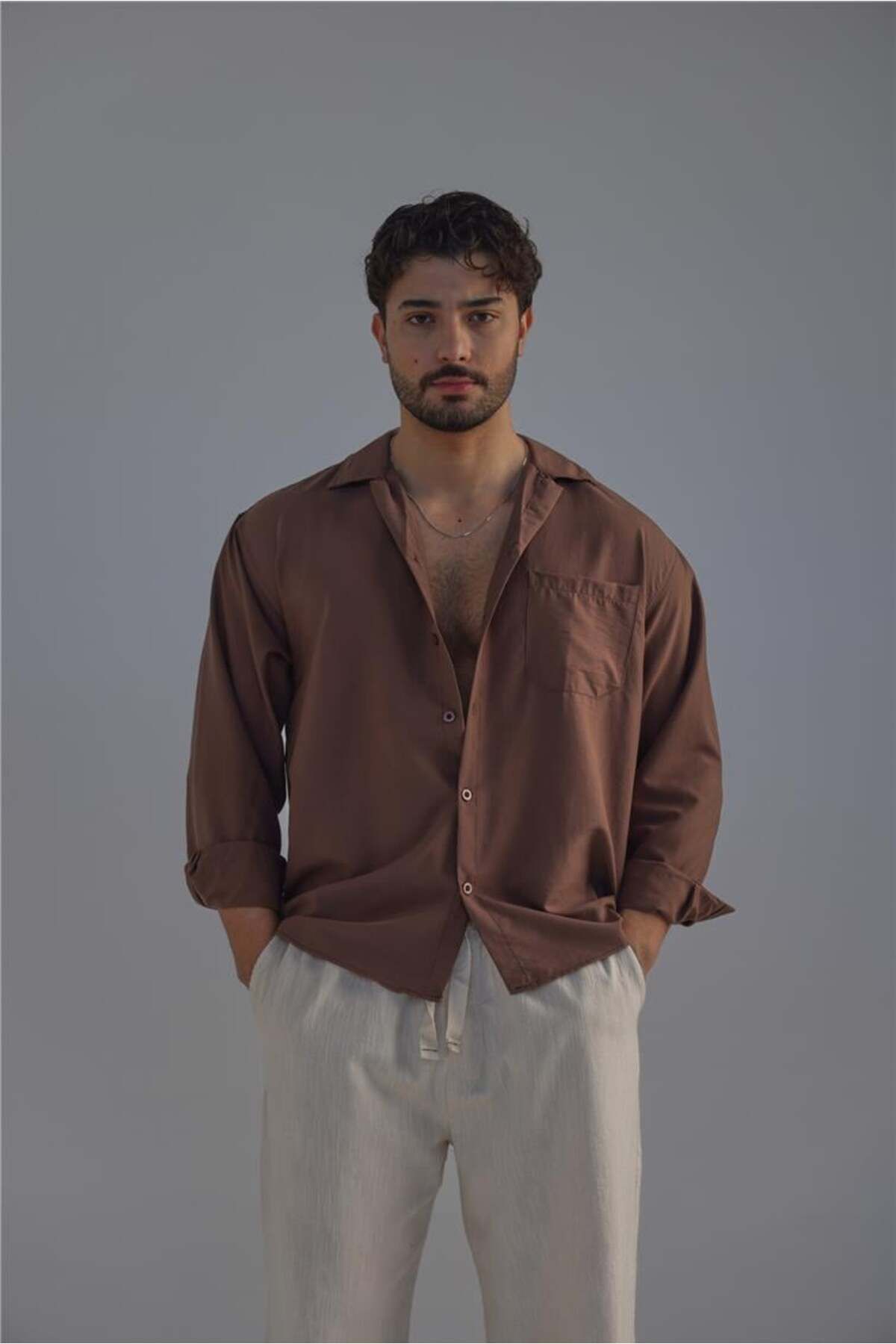 OUTFİT MAN-Men's Slim Linen Shirt with Pockets Brown 5