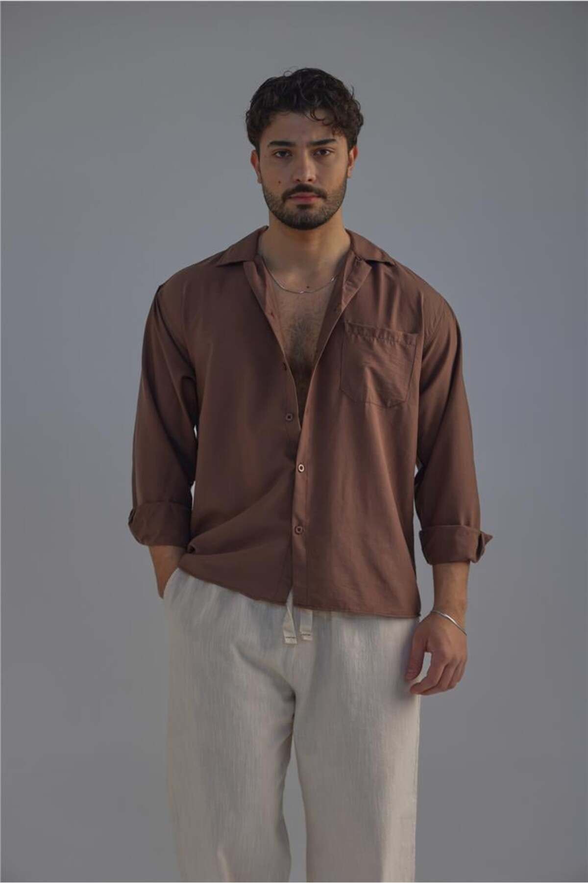 OUTFİT MAN-Men's Slim Linen Shirt with Pockets Brown 3