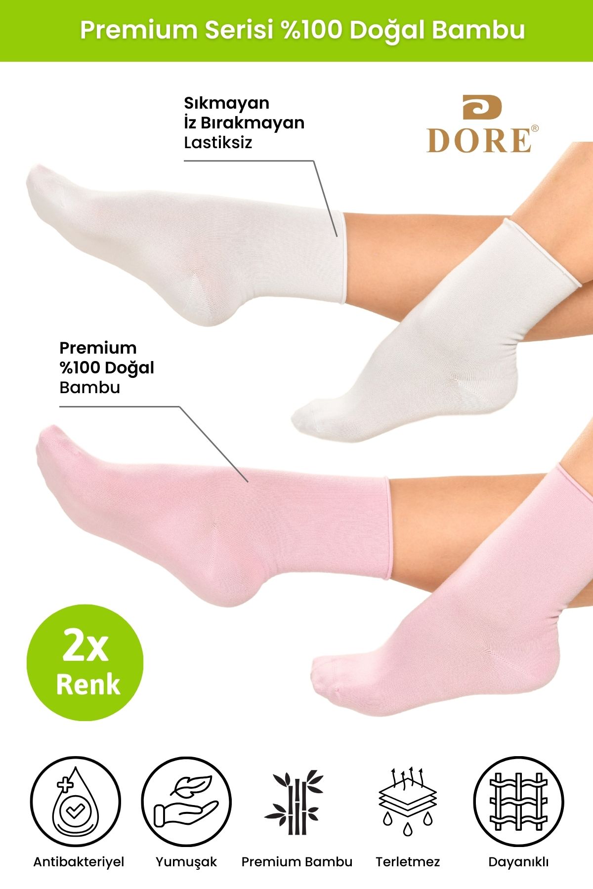 Dore-Original Women's 2 Pairs Premium Natural Bamboo Soft Ultra Comfort Model Elasticless Seamless Socket Socks 1