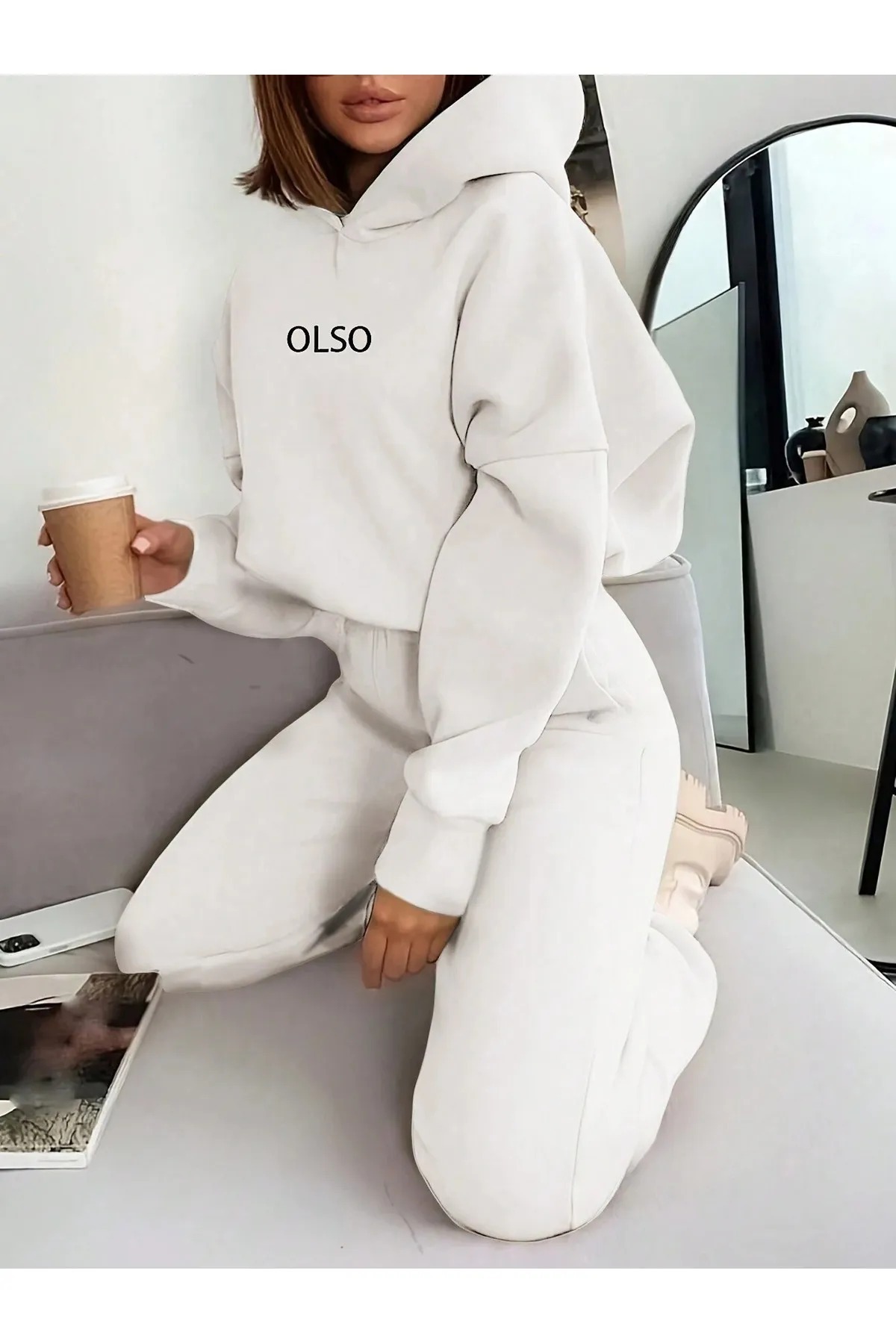 Unisex Erkek Kadın Olso Baskılı Oversize 3 İplik Kapüşonlu Eşofman Takımı — سفید macklineşolso