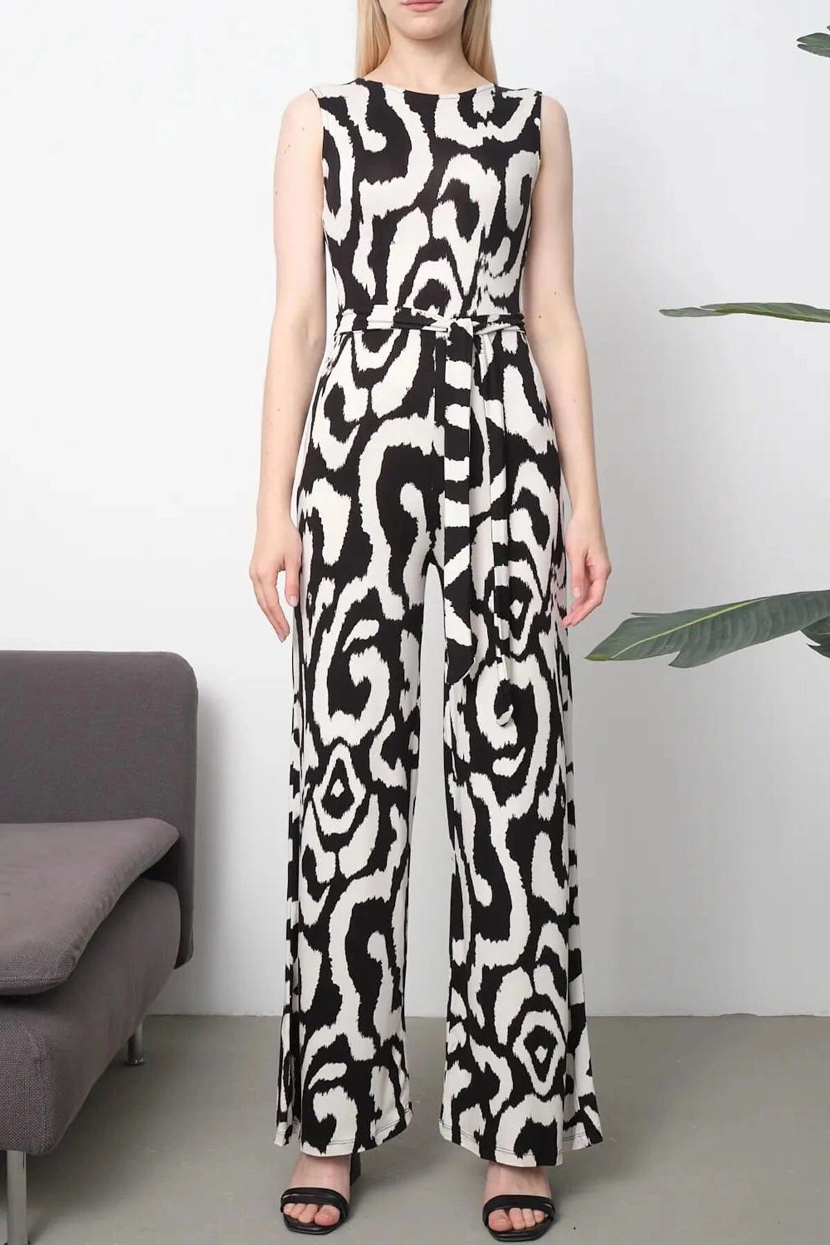 bacc-Black-White Patterned Belted Knitted Viscon Jumpsuit Bcvs- 252087 2